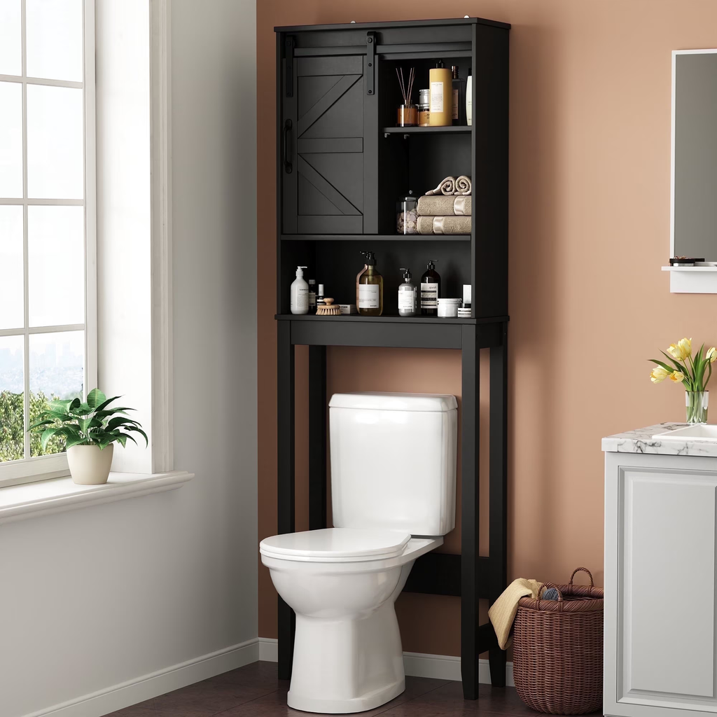 Over The Toilet Storage Cabinet Bathroom Shelves Organizer Space Saver Freestanding Bathroom Shelf with Doors Anti-Tip Device Adjustable Shelf(Black)