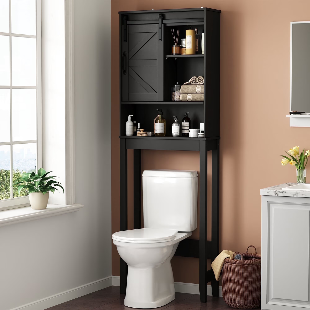 Over The Toilet Storage Cabinet Bathroom Shelves Organizer Space Saver Freestanding Bathroom Shelf with Doors Anti-Tip Device Adjustable Shelf(Black)
