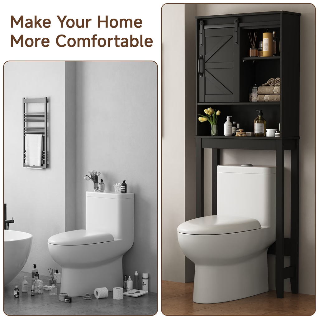 Over The Toilet Storage Cabinet Bathroom Shelves Organizer Space Saver Freestanding Bathroom Shelf with Doors Anti-Tip Device Adjustable Shelf(Black)