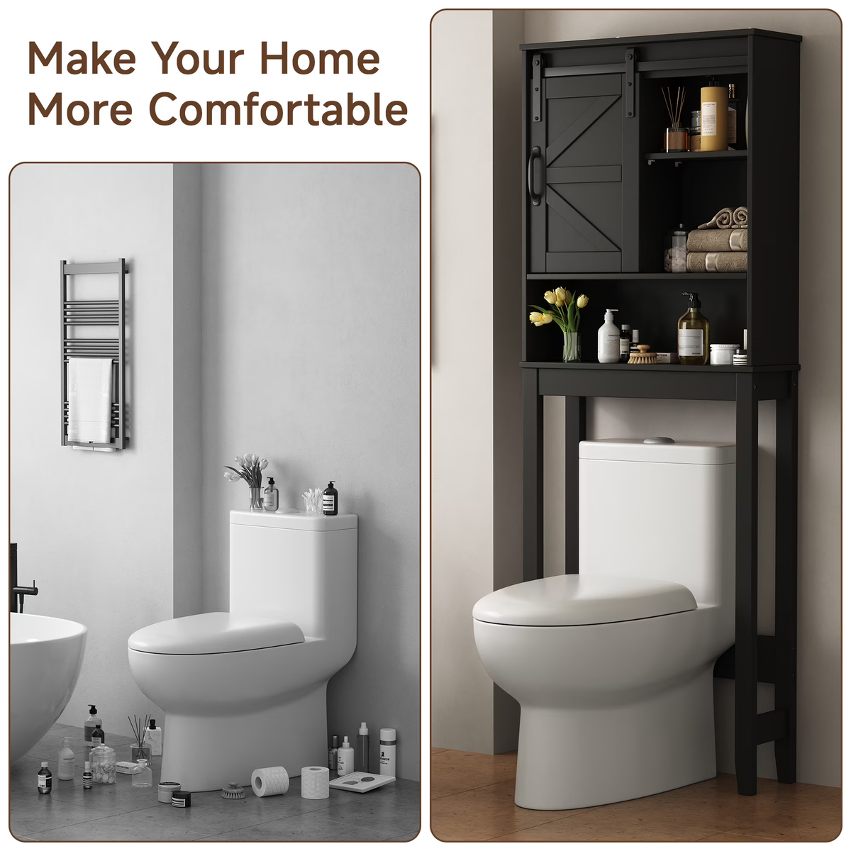 Over The Toilet Storage Cabinet Bathroom Shelves Organizer Space Saver Freestanding Bathroom Shelf with Doors Anti-Tip Device Adjustable Shelf(Black)