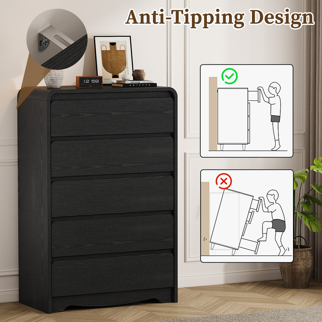 3 Piece Dresser Nightstand Set, 5 Drawer Dresser & 3 Drawer Nightstands set of 2, Modern Bedroom Furniture Set for Living Room, Black