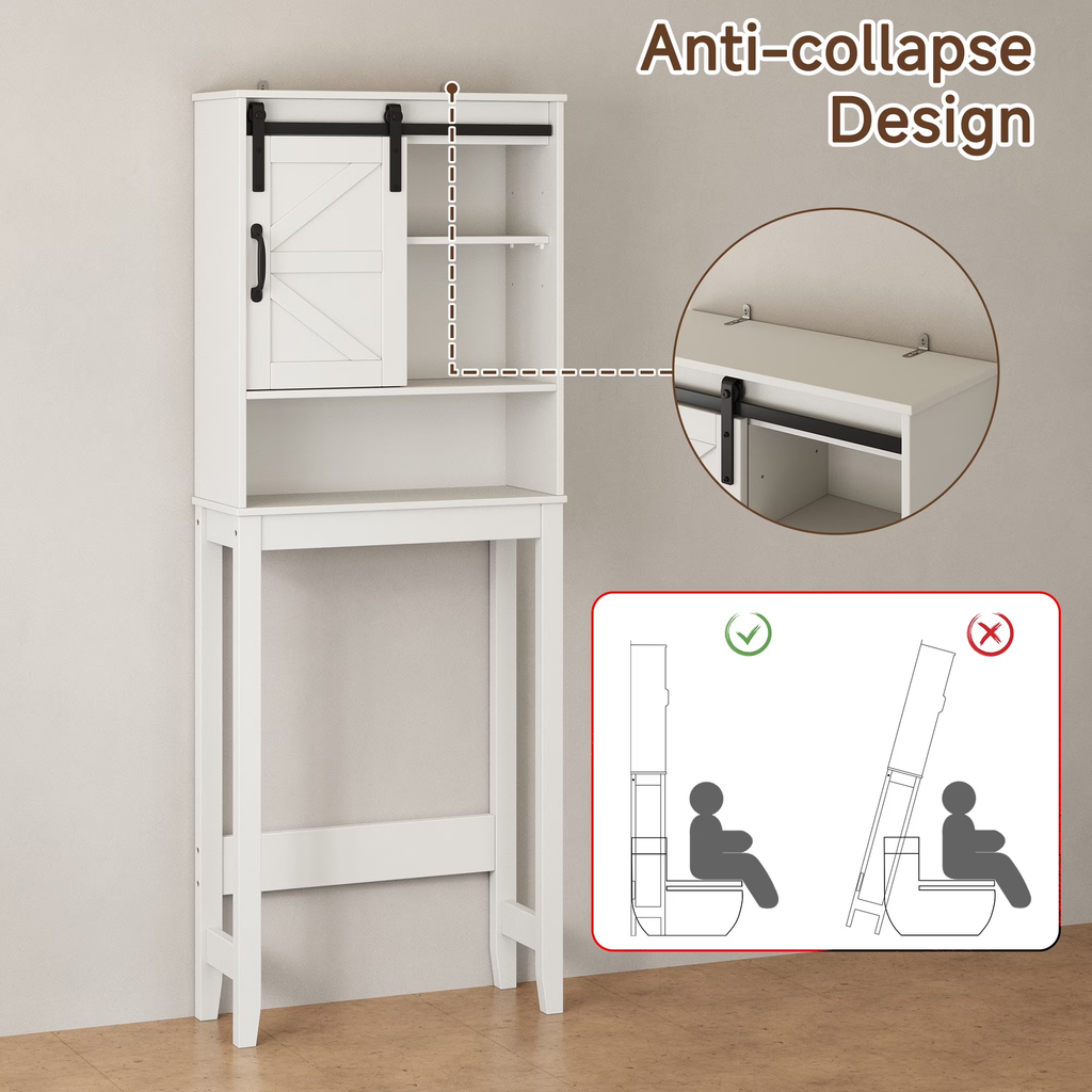 Over The Toilet Storage Cabinet Bathroom Shelves Organizer Space Saver Freestanding Bathroom Shelf with Doors Anti-Tip Device Adjustable Shelf(White)
