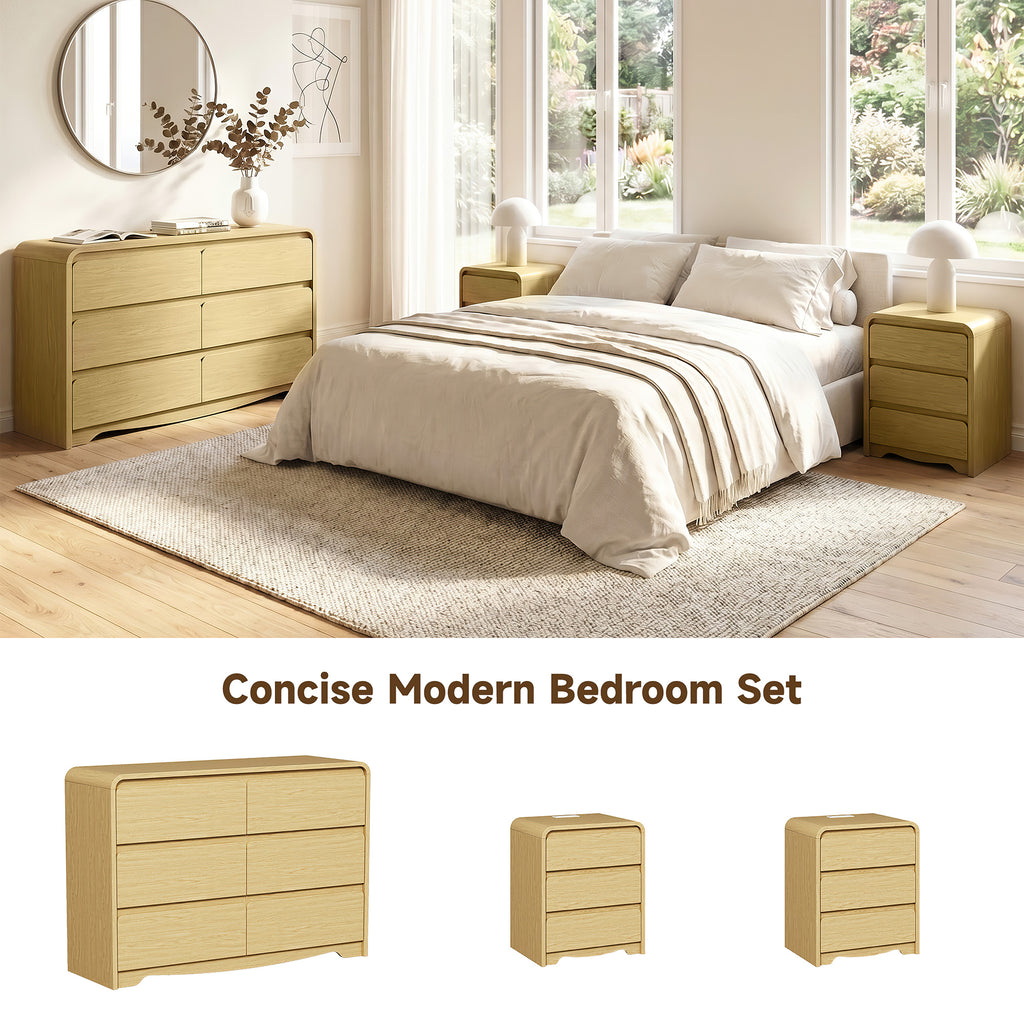 3 Piece Dresser Nightstand Set, 6 Drawer Dresser & 3 Drawer Nightstands set of 2, Modern Bedroom Furniture Set for Living Room, Natural Oak
