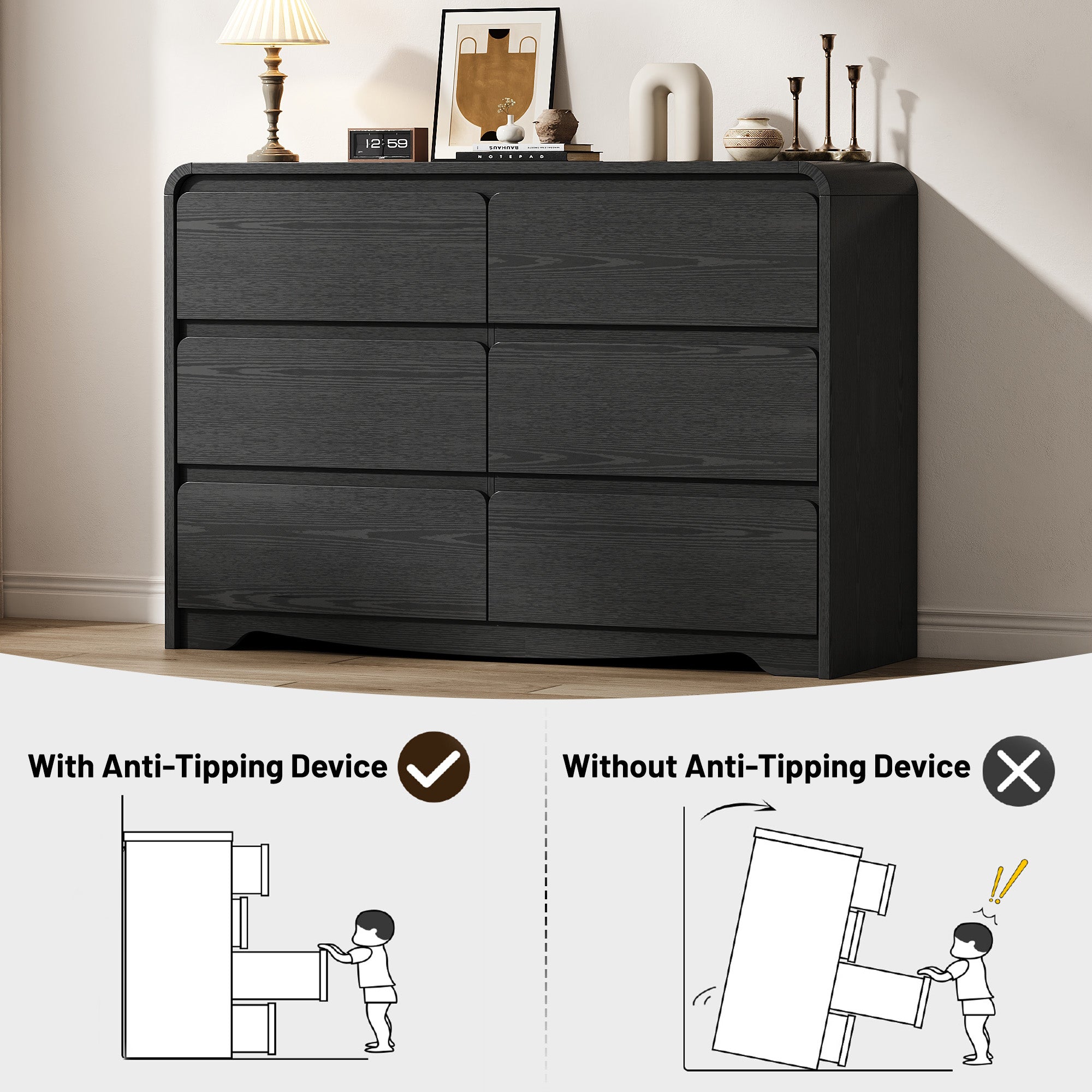 Modern 6 Drawers Dresser for Bedroom, 47.2" Wide Wood Dresser, Curved Dresser, Closet Storage Organize for Bedroom, Living Room, Hallway, Black