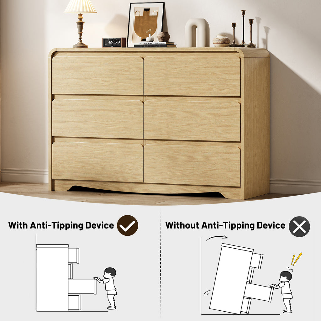 3 Piece Dresser Nightstand Set, 6 Drawer Dresser & 3 Drawer Nightstands set of 2, Modern Bedroom Furniture Set for Living Room, Natural Oak