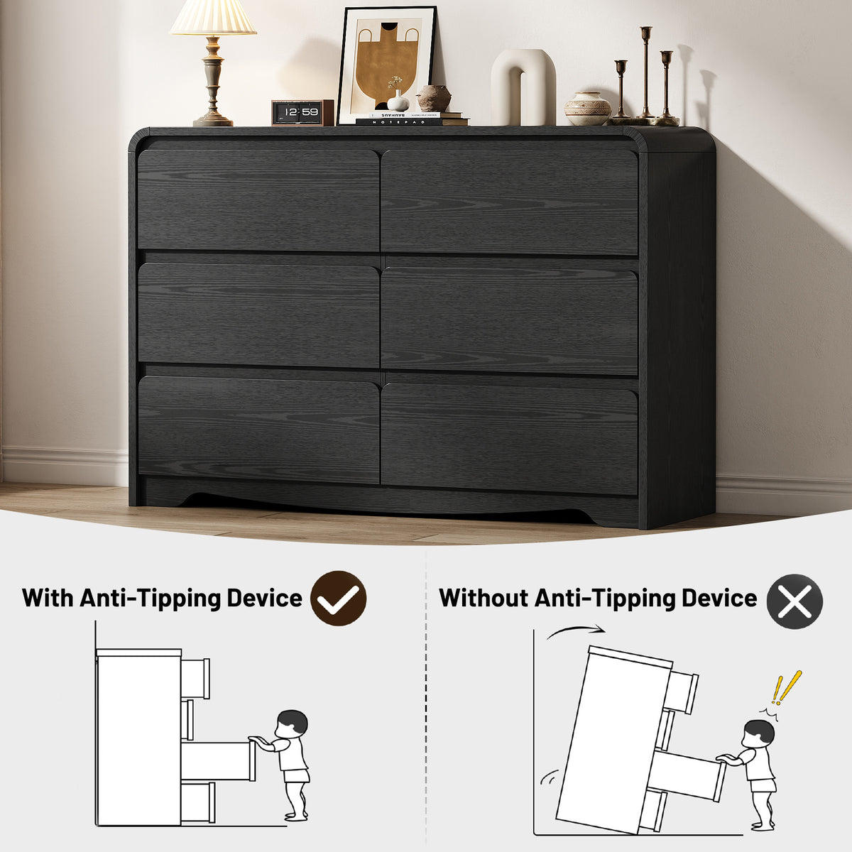 3 Piece Dresser Nightstand Set, 6 Drawer Dresser & 3 Drawer Nightstands set of 2, Modern Bedroom Furniture Set for Living Room, Black