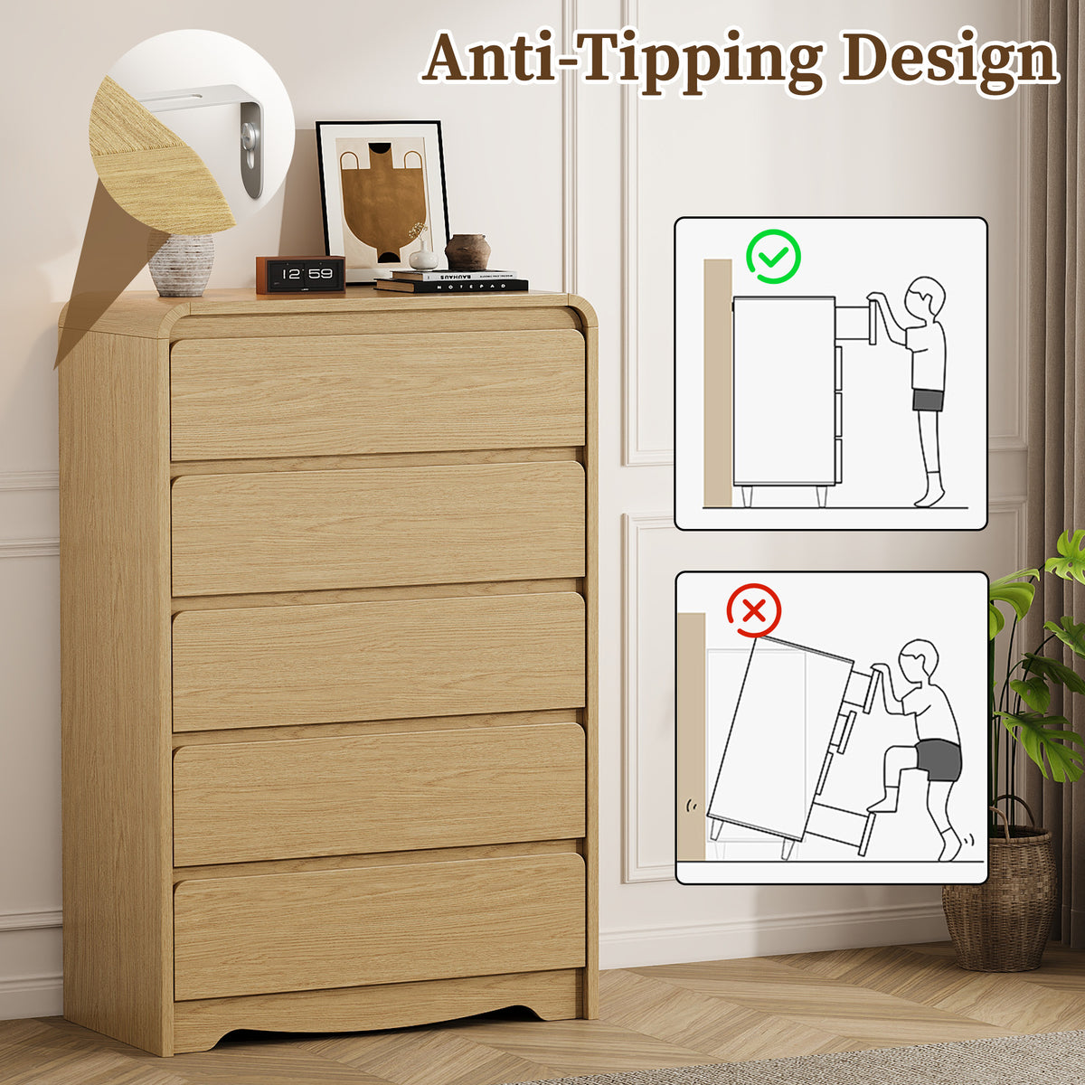 3 Piece Dresser Nightstand Set, 5 Drawer Dresser & 3 Drawer Nightstands set of 2, Modern Bedroom Furniture Set for Living Room, Natural Oak