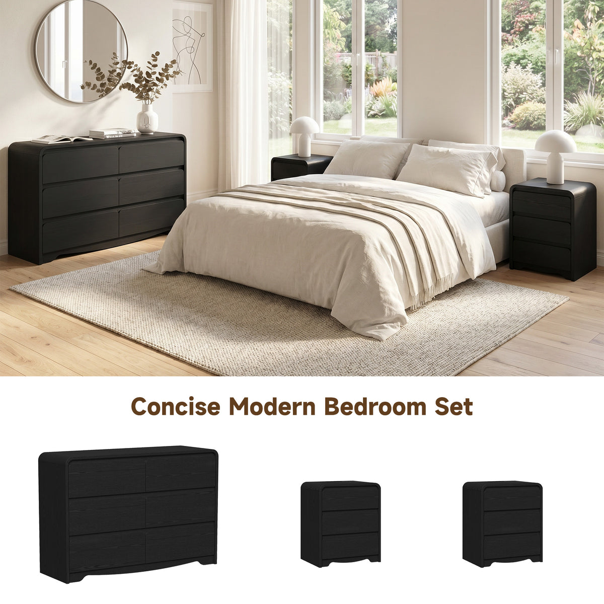 3 Piece Dresser Nightstand Set, 6 Drawer Dresser & 3 Drawer Nightstands set of 2, Modern Bedroom Furniture Set for Living Room, Black