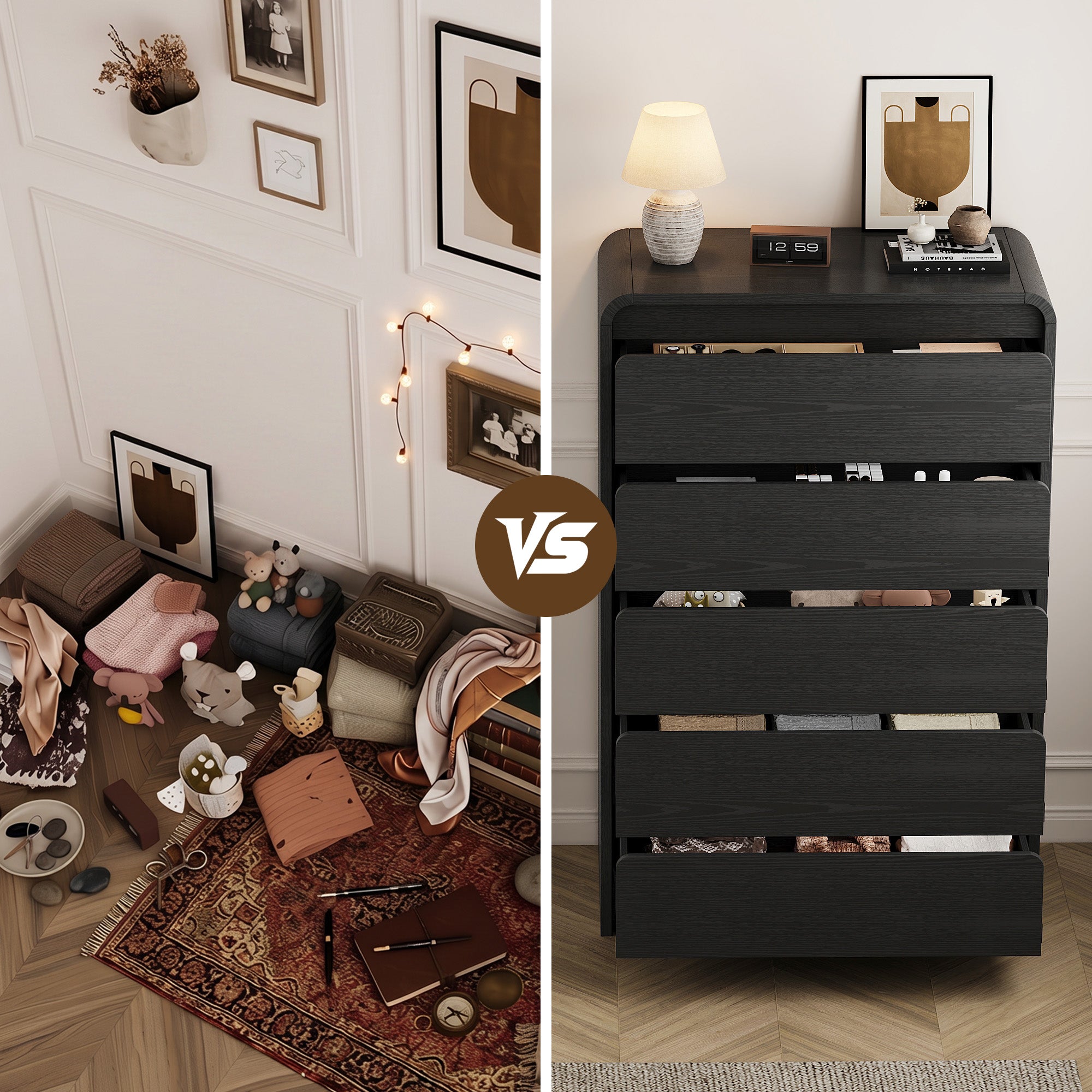 Modern 5 Drawers Dresser, 45.9" Tall Chests of Drawers with Curved Edge, Wood Closet Storage Organizer for Bedroom, Living Room, Hallway, Black