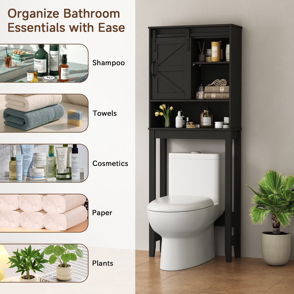 Over The Toilet Storage Cabinet Bathroom Shelves Organizer Space Saver Freestanding Bathroom Shelf with Doors Anti-Tip Device Adjustable Shelf(Black)