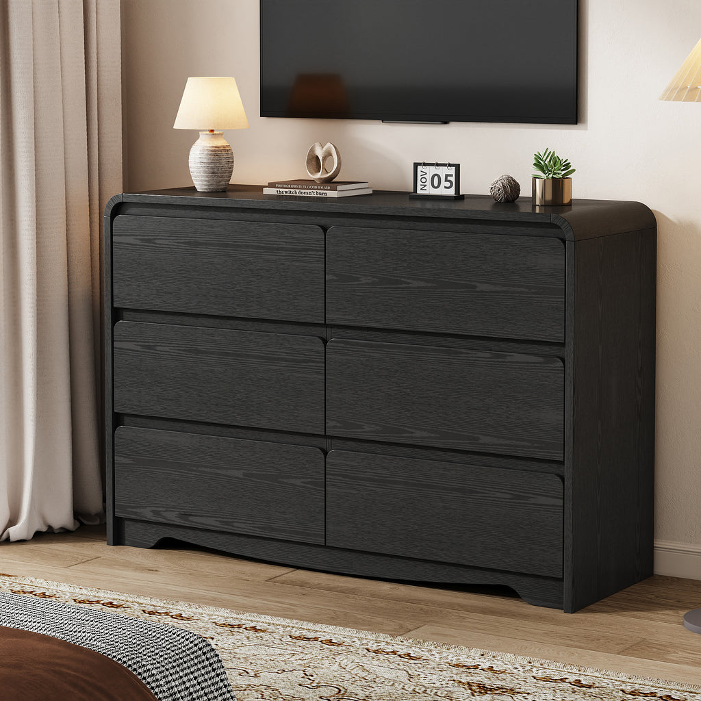 Modern 6 Drawers Dresser for Bedroom, 47.2" Wide Wood Dresser, Curved Dresser, Closet Storage Organize for Bedroom, Living Room, Hallway, Black