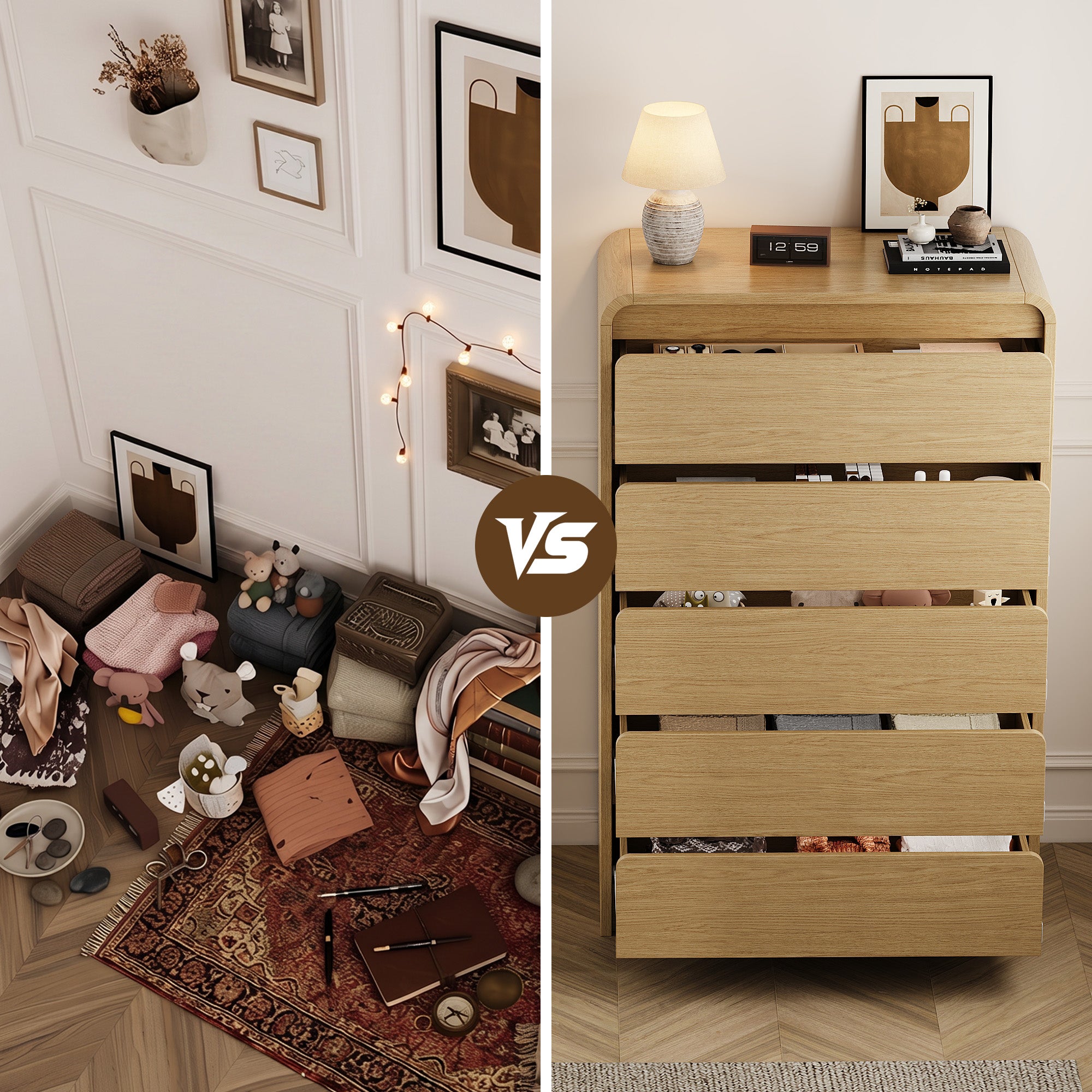 Modern 5 Drawers Dresser, 45.9" Tall Chests of Drawers with Curved Edge, Wood Closet Storage Organizer for Bedroom, Living Room, Hallway, Natural Oak