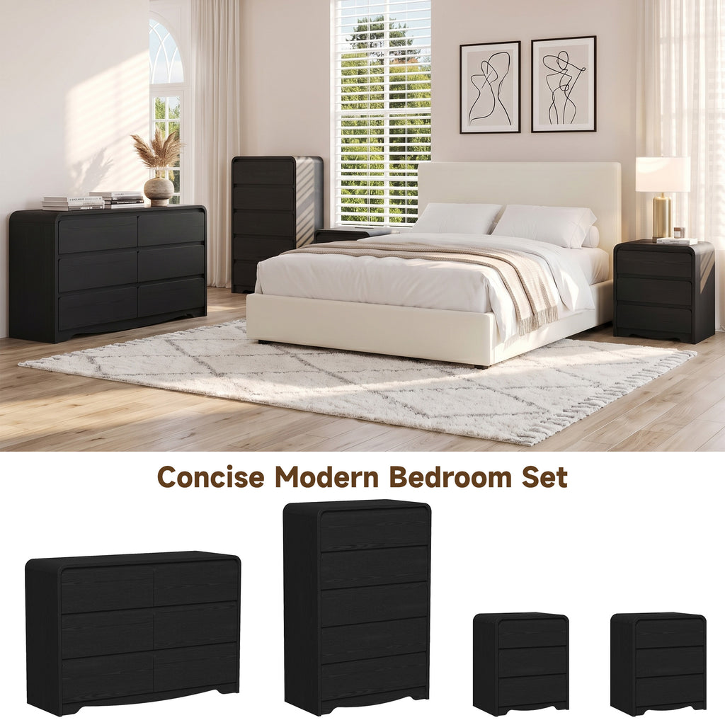 OJMX Bedroom Sets of 4, 6 Drawer Dresser & 5 Drawer Tall Dresser and 3 Drawer Nightstands Set of 2 with Charging Station, 4 Piece Wood Bedroom Dresser Sets, Black