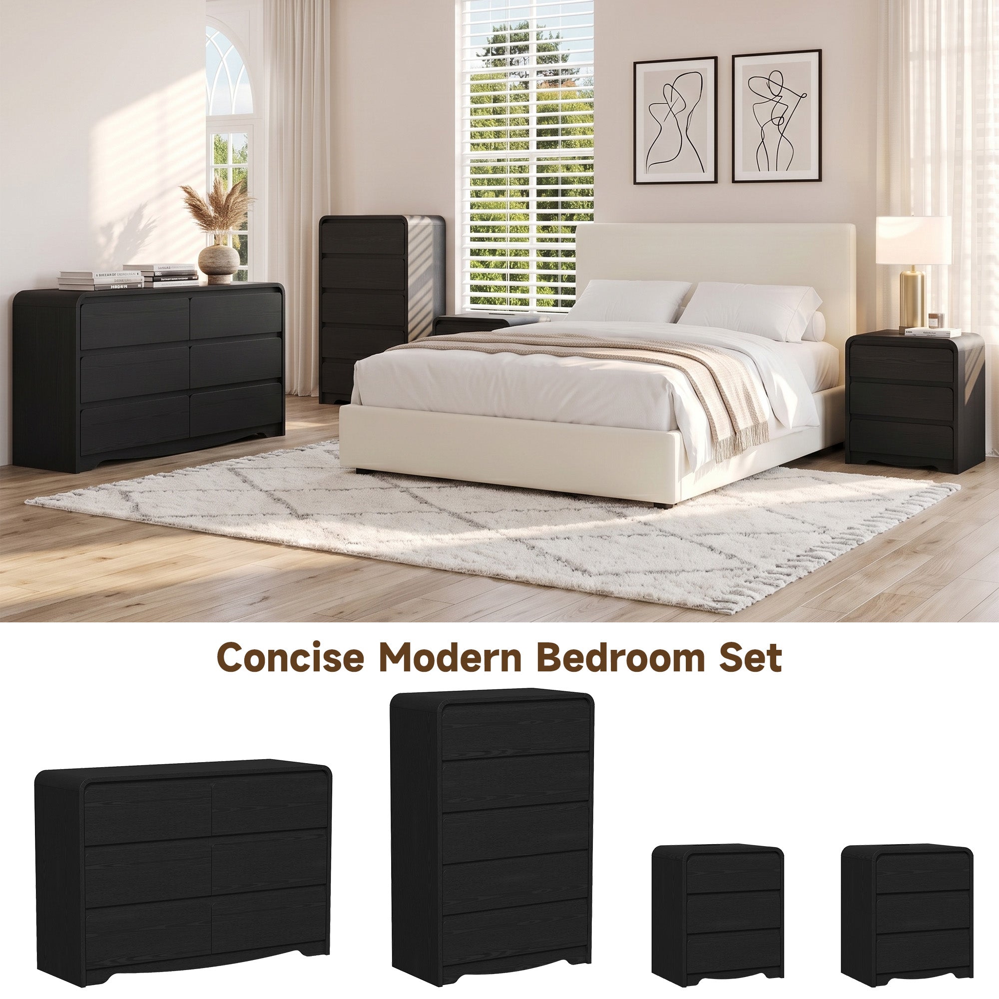 OJMX Bedroom Sets of 4, 6 Drawer Dresser & 5 Drawer Tall Dresser and 3 Drawer Nightstands Set of 2 with Charging Station, 4 Piece Wood Bedroom Dresser Sets, Black