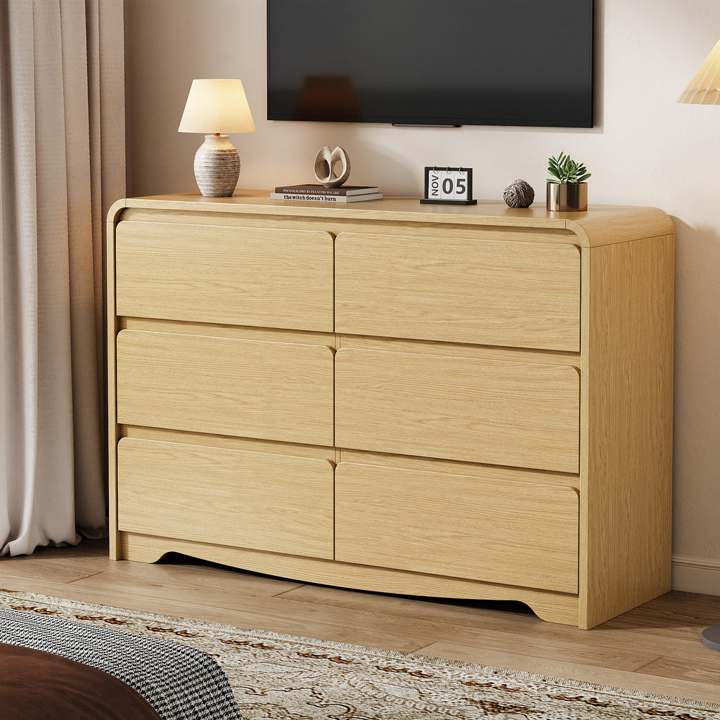 Modern 6 Drawers Dresser for Bedroom, 47.2" Wide Wood Dresser, Curved Dresser, Closet Storage Organize for Bedroom, Living Room, Hallway, Natural Oak