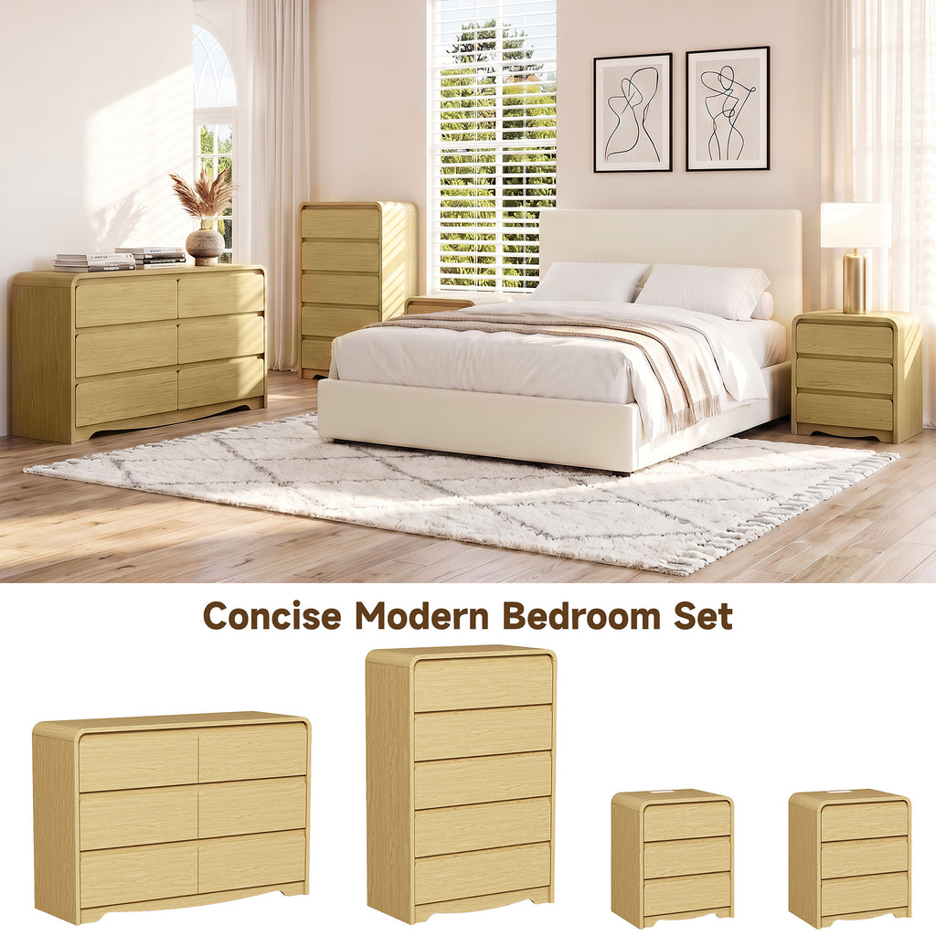 OJMX Bedroom Sets of 4, 6 Drawer Dresser & 5 Drawer Tall Dresser and 3 Drawer Nightstands Set of 2 with Charging Station, 4 Piece Wood Bedroom Dresser Sets, Natural