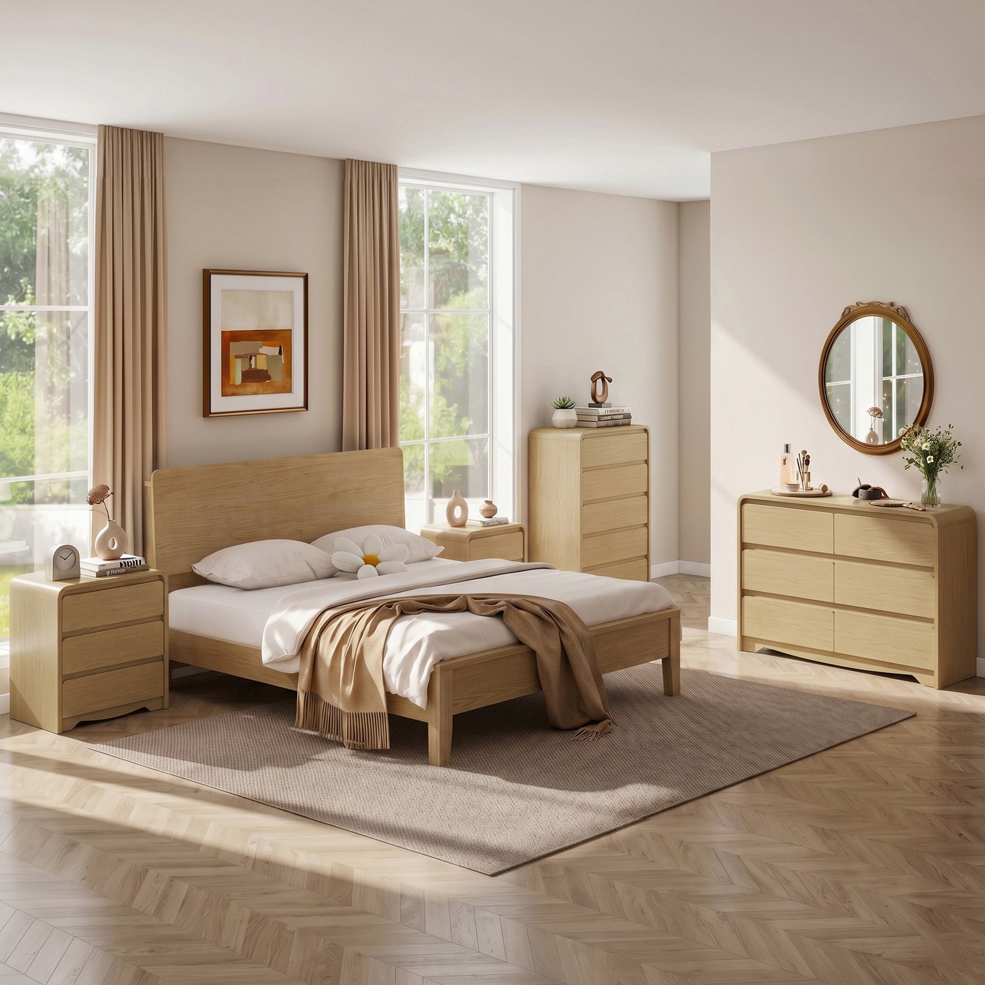 4 Piece Modern Bedroom Furniture Sets with Curved Edge, 5 Drawer Dresser, 6 Drawer Dresser, Nightstand Set of 2 with Charging Station, Natural Oak