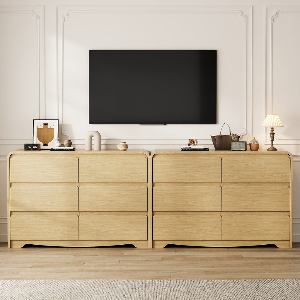 Modern 6 Drawers Dresser for Bedroom, 47.2" Wide Wood Dresser, Curved Dresser, Closet Storage Organize for Bedroom, Living Room, Hallway, Natural Oak