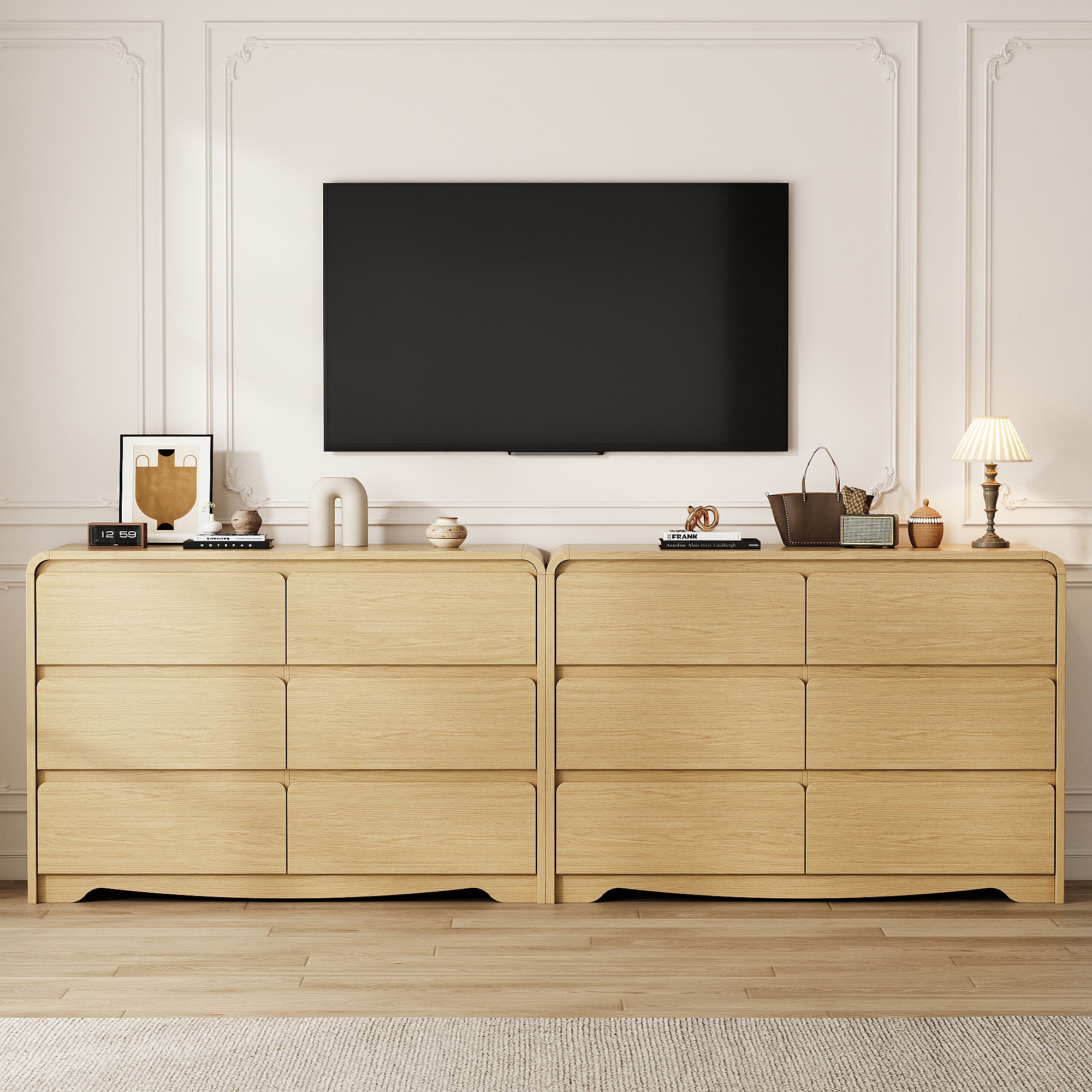 Modern 6 Drawers Dresser for Bedroom, 47.2" Wide Wood Dresser, Curved Dresser, Closet Storage Organize for Bedroom, Living Room, Hallway, Natural Oak