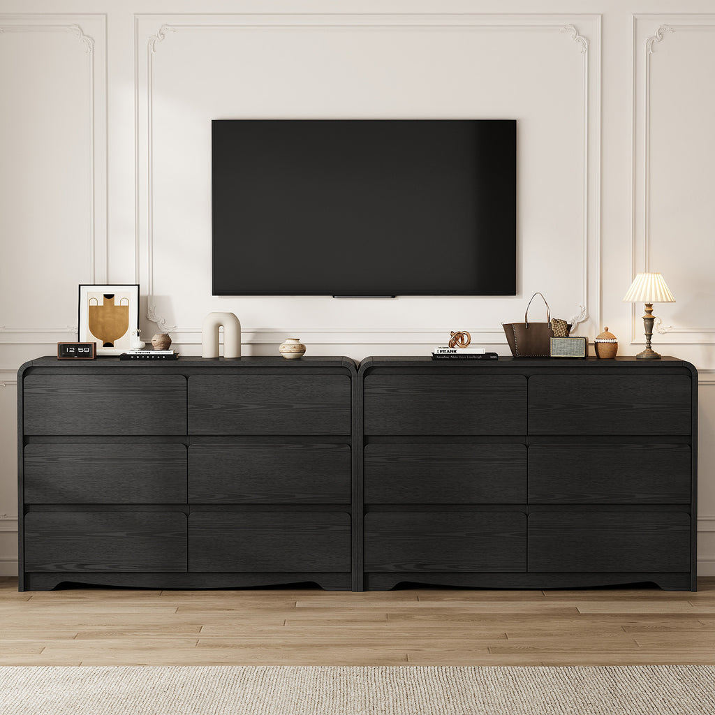 Modern 6 Drawers Dresser for Bedroom, 47.2" Wide Wood Dresser, Curved Dresser, Closet Storage Organize for Bedroom, Living Room, Hallway, Black