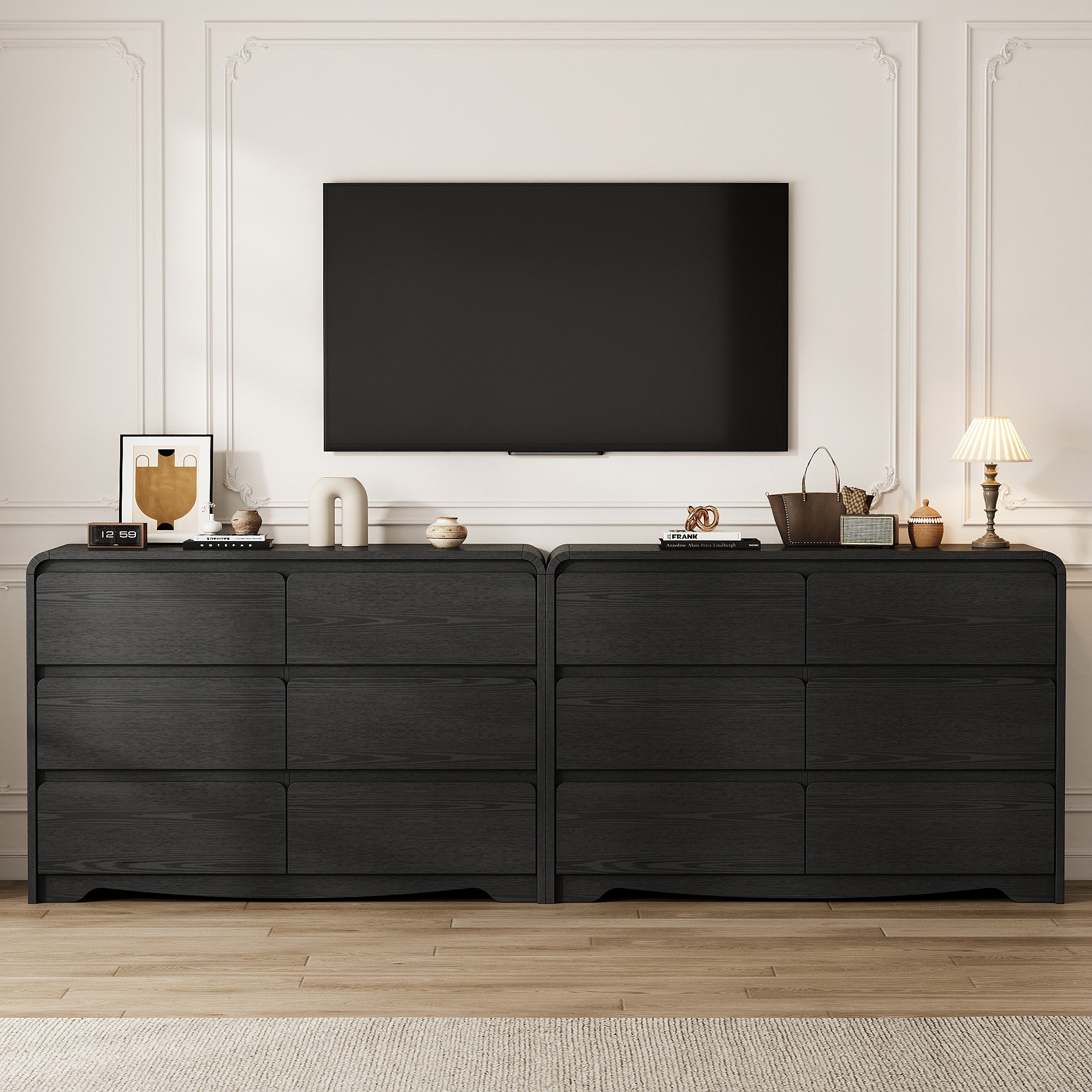 Modern 6 Drawers Dresser for Bedroom, 47.2" Wide Wood Dresser, Curved Dresser, Closet Storage Organize for Bedroom, Living Room, Hallway, Black