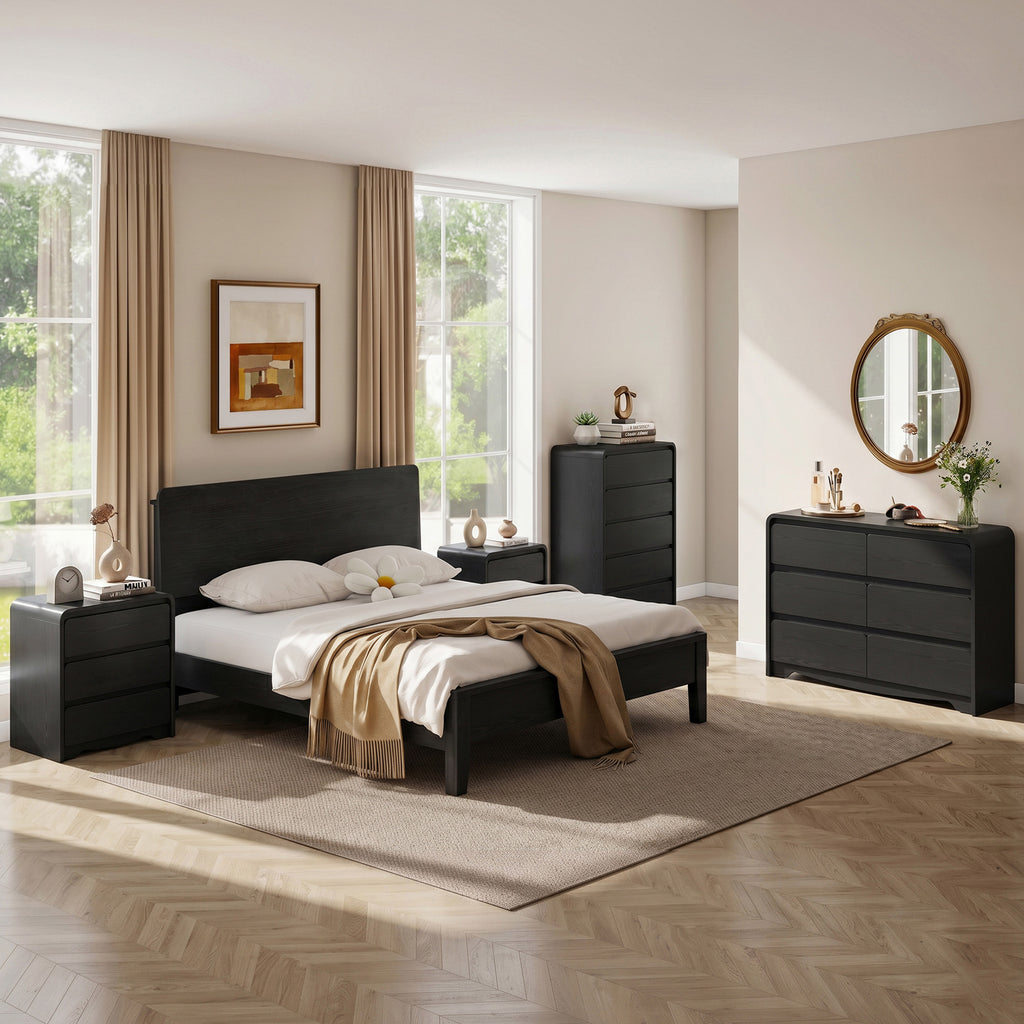 4 Piece Modern Bedroom Furniture Sets with Curved Edge, 5 Drawer Dresser, 6 Drawer Dresser, Nightstand Set of 2 with Charging Station, Black