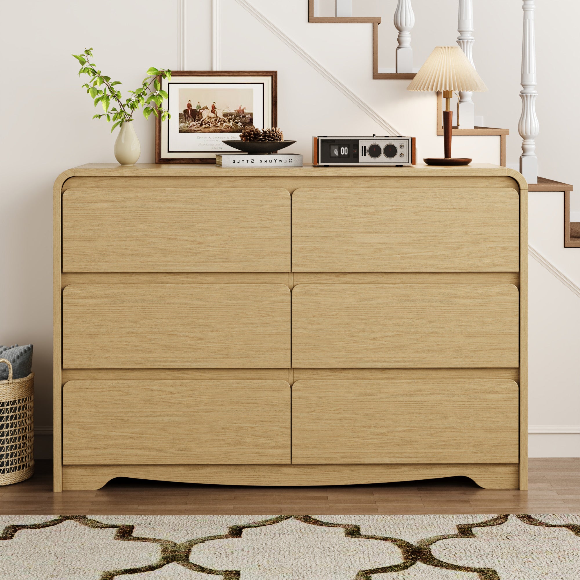 Modern 6 Drawers Dresser for Bedroom, 47.2" Wide Wood Dresser, Curved Dresser, Closet Storage Organize for Bedroom, Living Room, Hallway, Natural Oak