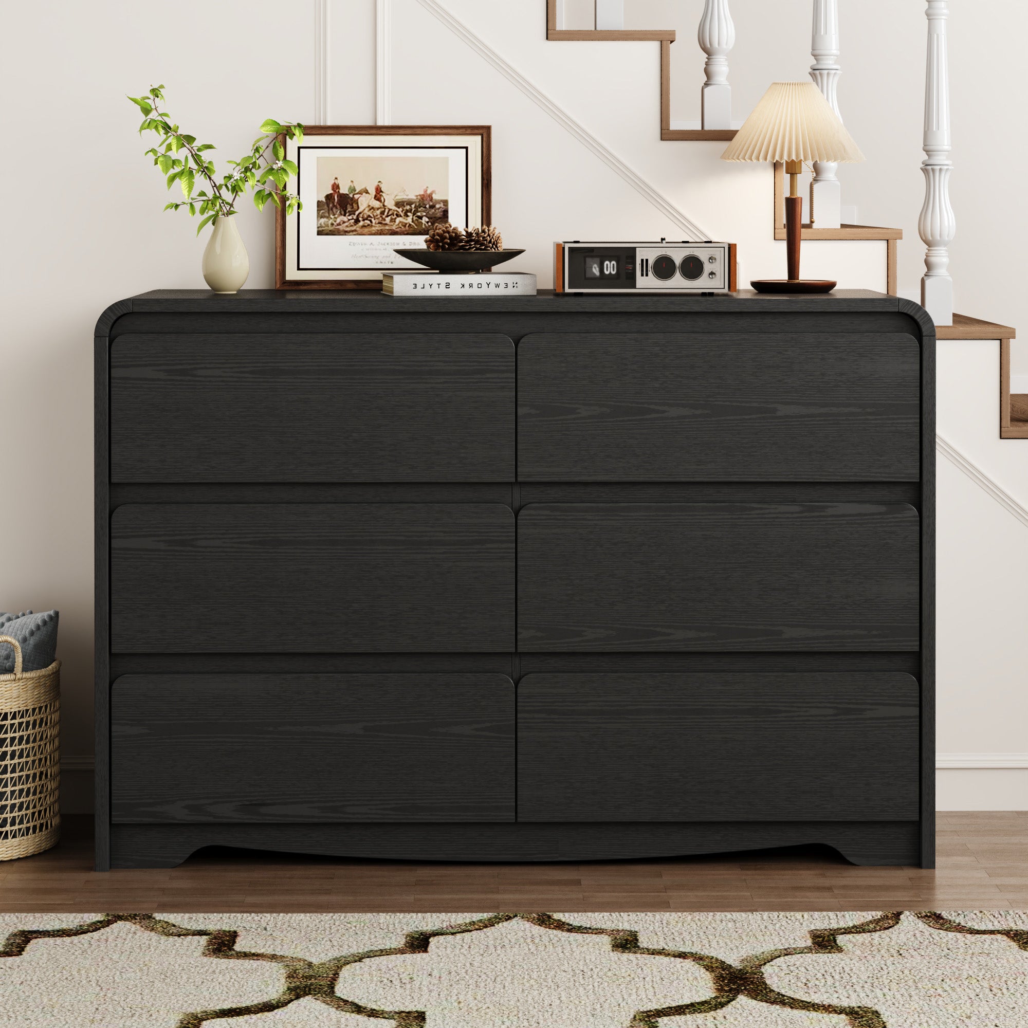 Modern 6 Drawers Dresser for Bedroom, 47.2" Wide Wood Dresser, Curved Dresser, Closet Storage Organize for Bedroom, Living Room, Hallway, Black