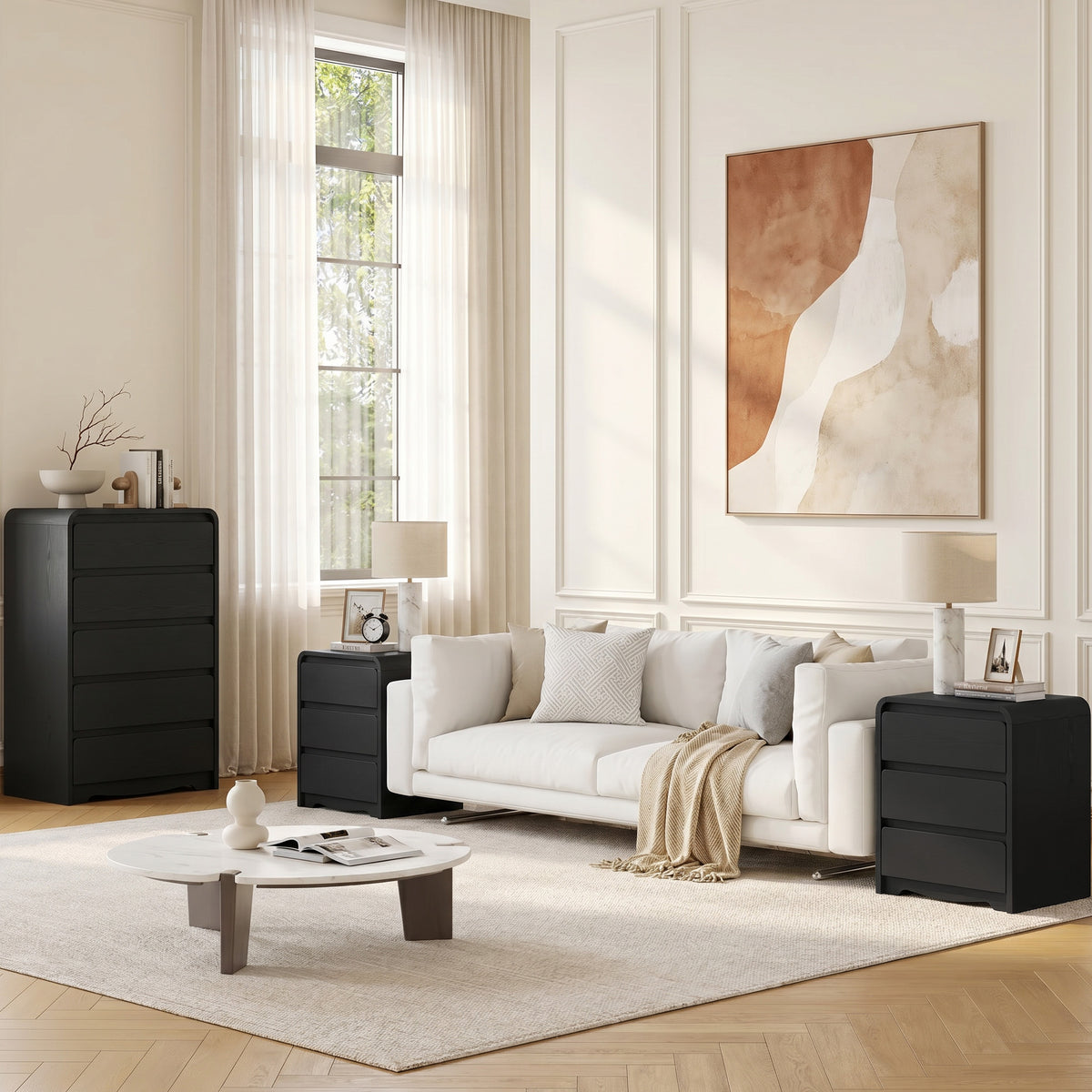 3 Piece Dresser Nightstand Set, 5 Drawer Dresser & 3 Drawer Nightstands set of 2, Modern Bedroom Furniture Set for Living Room, Black