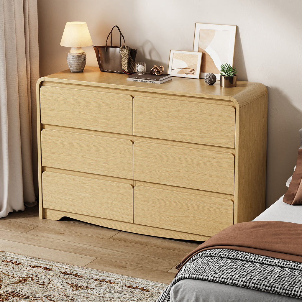 Modern 6 Drawers Dresser for Bedroom, 47.2" Wide Wood Dresser, Curved Dresser, Closet Storage Organize for Bedroom, Living Room, Hallway, Natural Oak