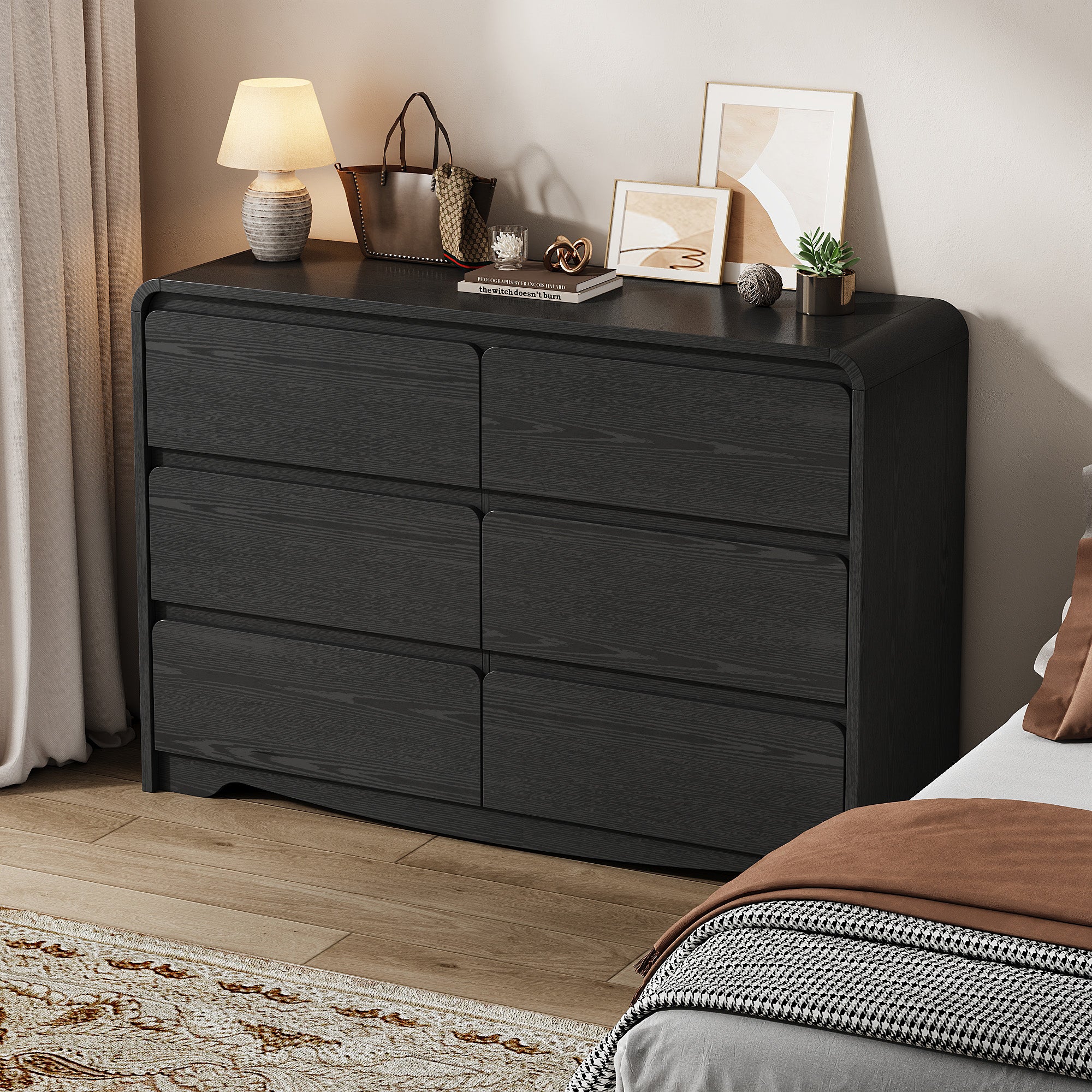 Modern 6 Drawers Dresser for Bedroom, 47.2" Wide Wood Dresser, Curved Dresser, Closet Storage Organize for Bedroom, Living Room, Hallway, Black