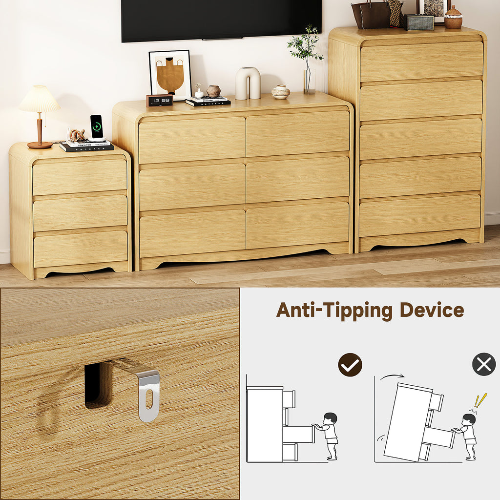 OJMX Bedroom Sets of 4, 6 Drawer Dresser & 5 Drawer Tall Dresser and 3 Drawer Nightstands Set of 2 with Charging Station, 4 Piece Wood Bedroom Dresser Sets, Natural