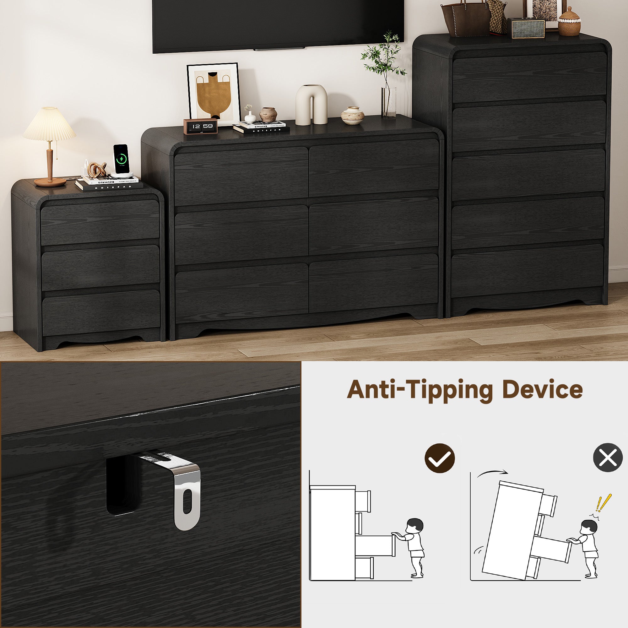 OJMX Bedroom Sets of 4, 6 Drawer Dresser & 5 Drawer Tall Dresser and 3 Drawer Nightstands Set of 2 with Charging Station, 4 Piece Wood Bedroom Dresser Sets, Black