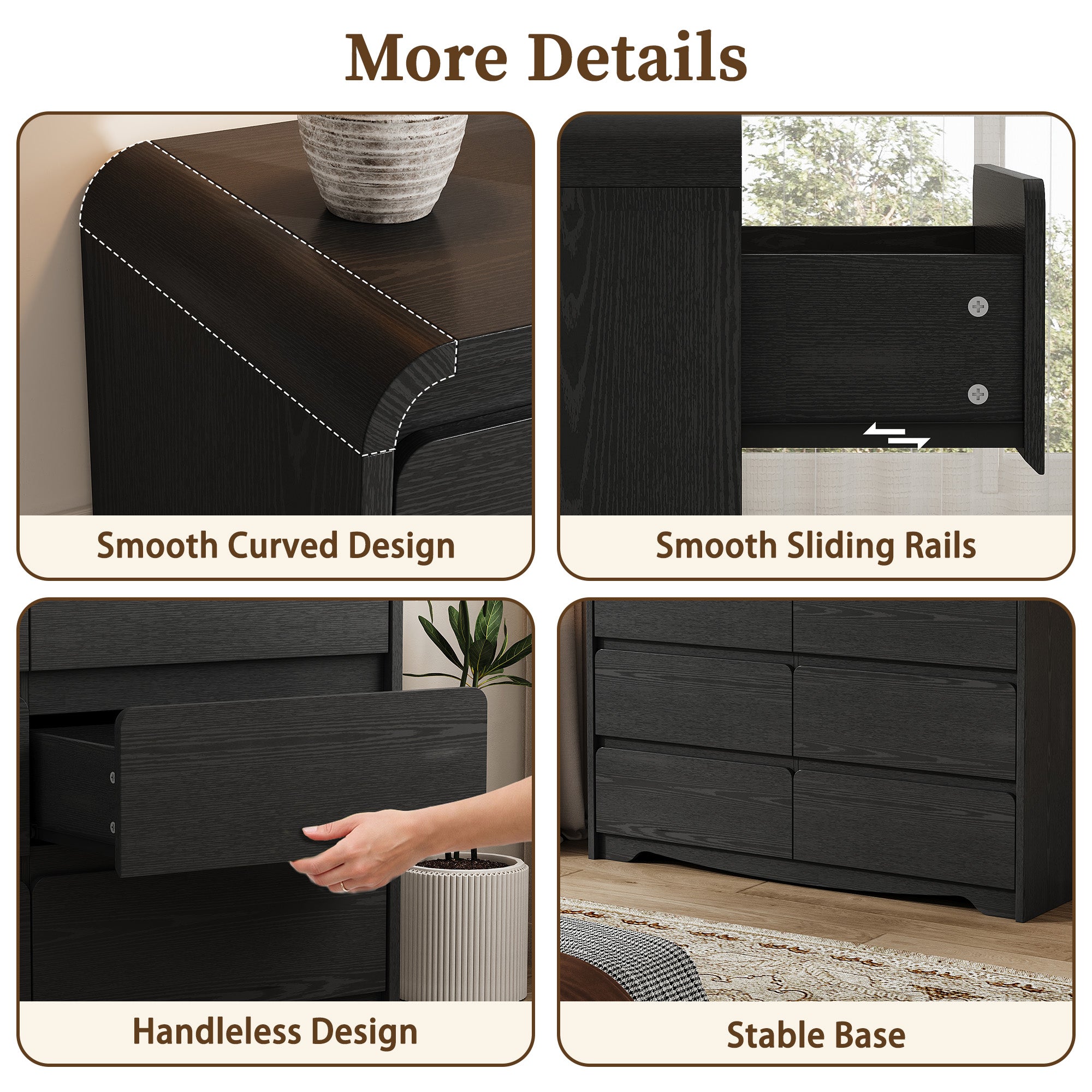 3 Piece Dresser Nightstand Set, 6 Drawer Dresser & 3 Drawer Nightstands set of 2, Modern Bedroom Furniture Set for Living Room, Black