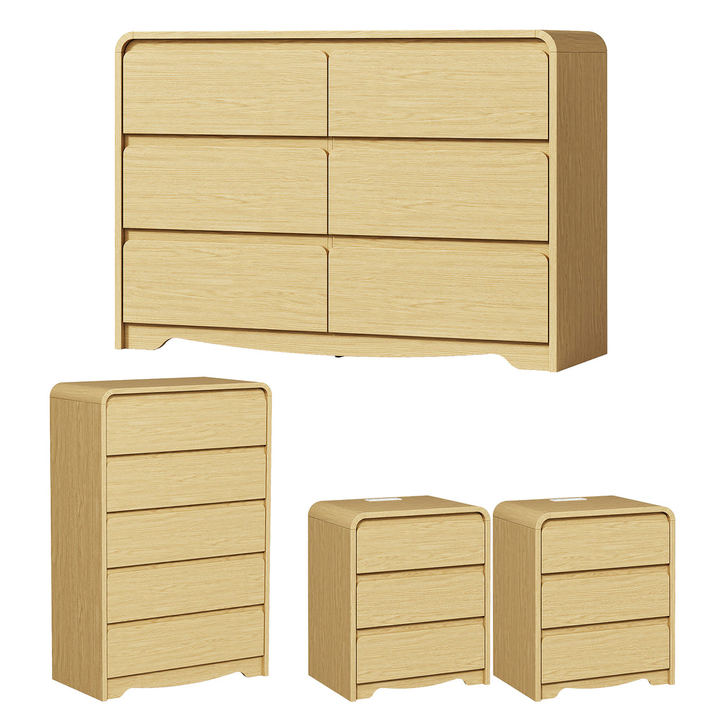 4 Piece Modern Bedroom Furniture Sets with Curved Edge, 5 Drawer Dresser, 6 Drawer Dresser, Nightstand Set of 2 with Charging Station, Natural Oak