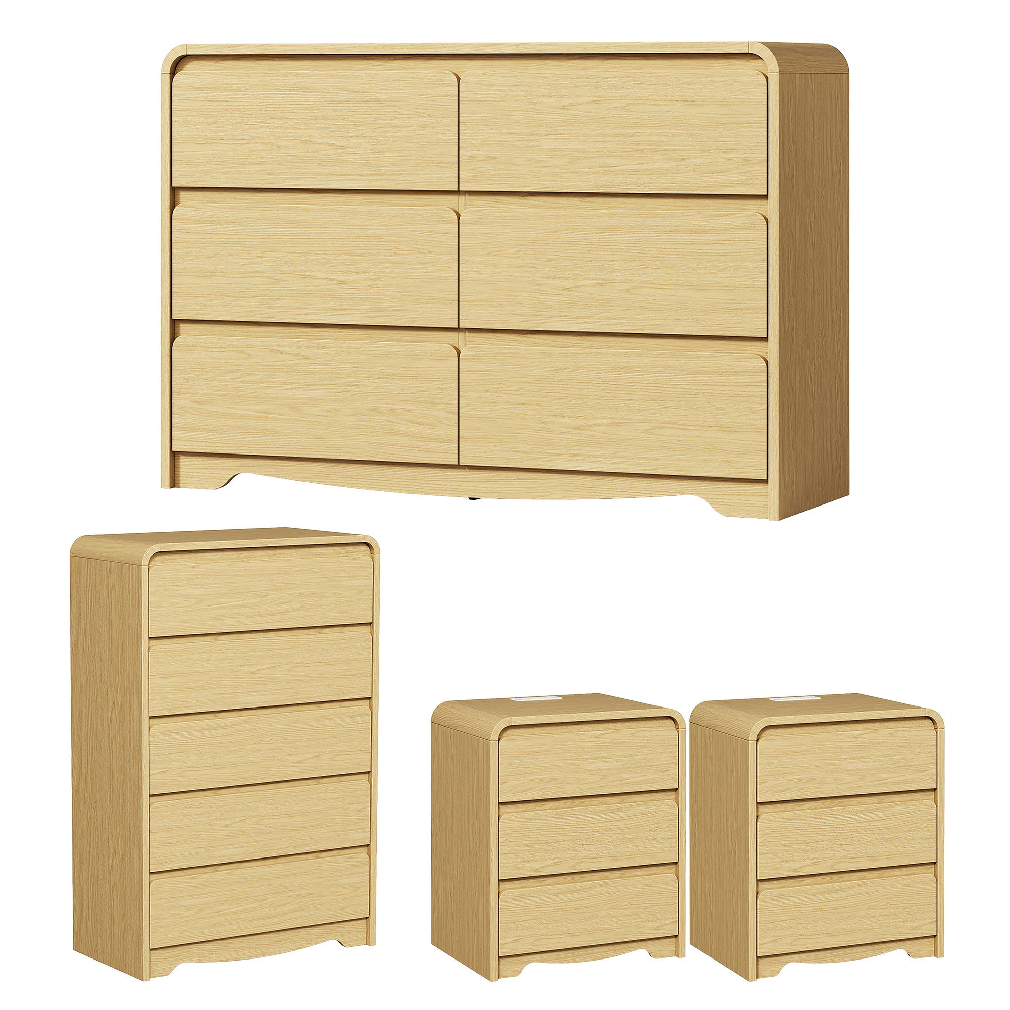 4 Piece Modern Bedroom Furniture Sets with Curved Edge, 5 Drawer Dresser, 6 Drawer Dresser, Nightstand Set of 2 with Charging Station, Natural Oak