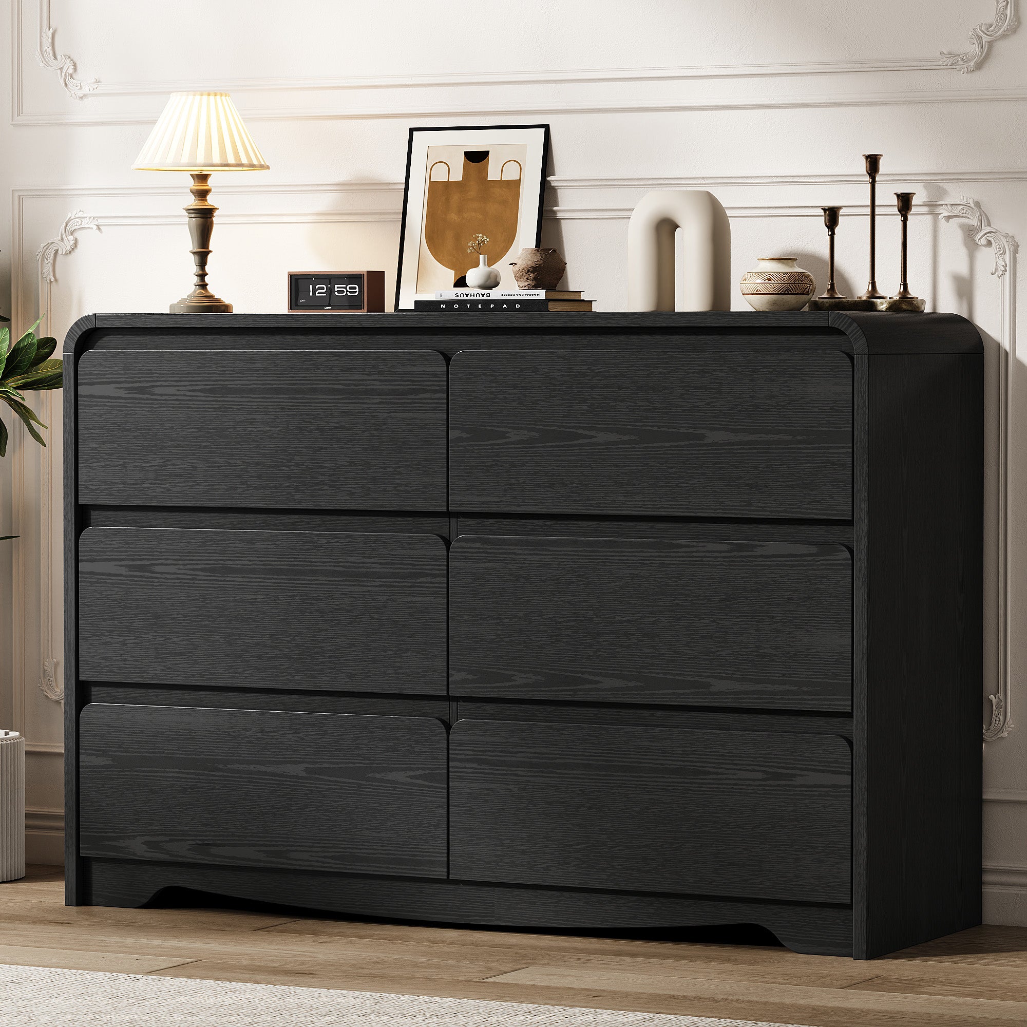 Modern 6 Drawers Dresser for Bedroom, 47.2" Wide Wood Dresser, Curved Dresser, Closet Storage Organize for Bedroom, Living Room, Hallway, Black