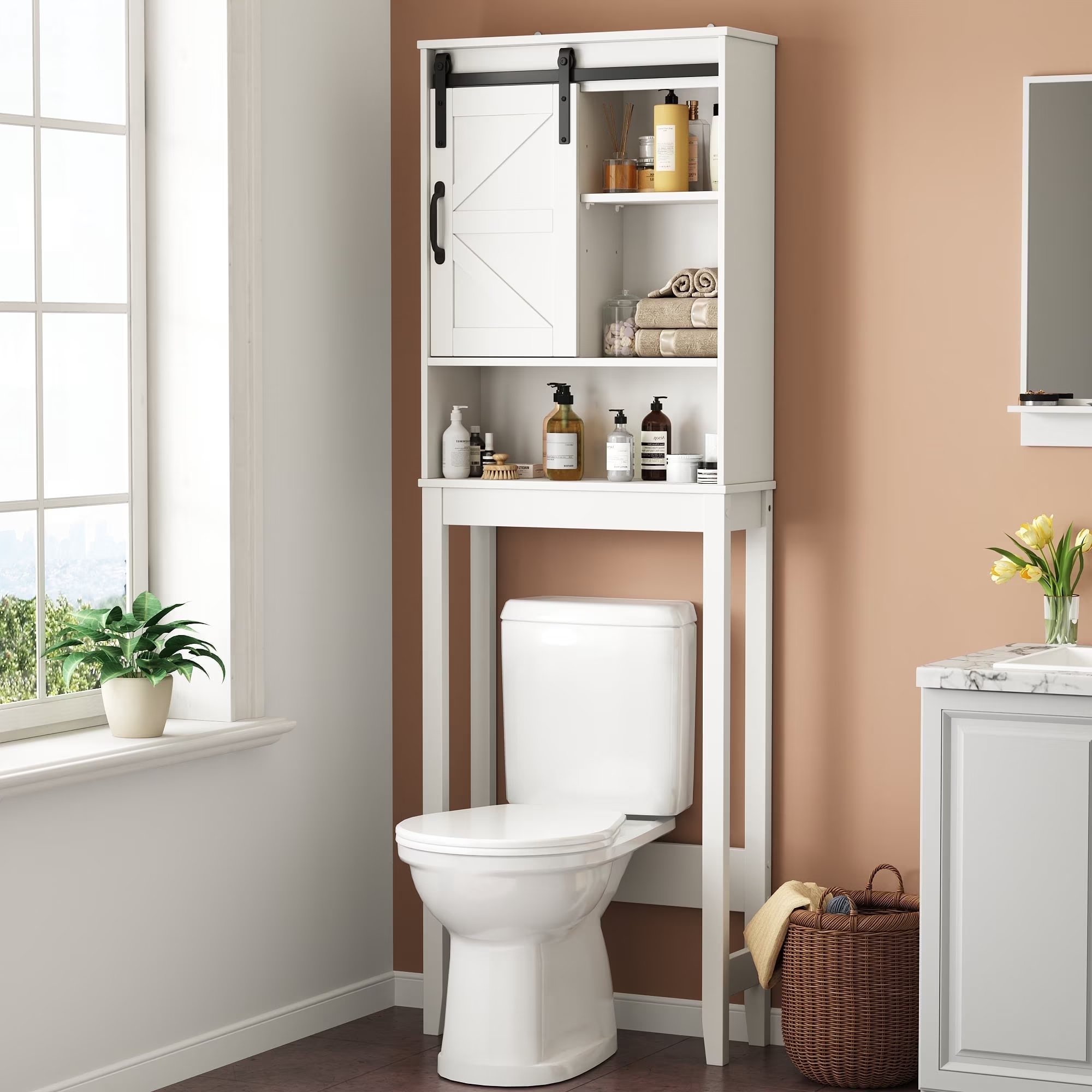 Over The Toilet Storage Cabinet Bathroom Shelves Organizer Space Saver Freestanding Bathroom Shelf with Doors Anti-Tip Device Adjustable Shelf(White)