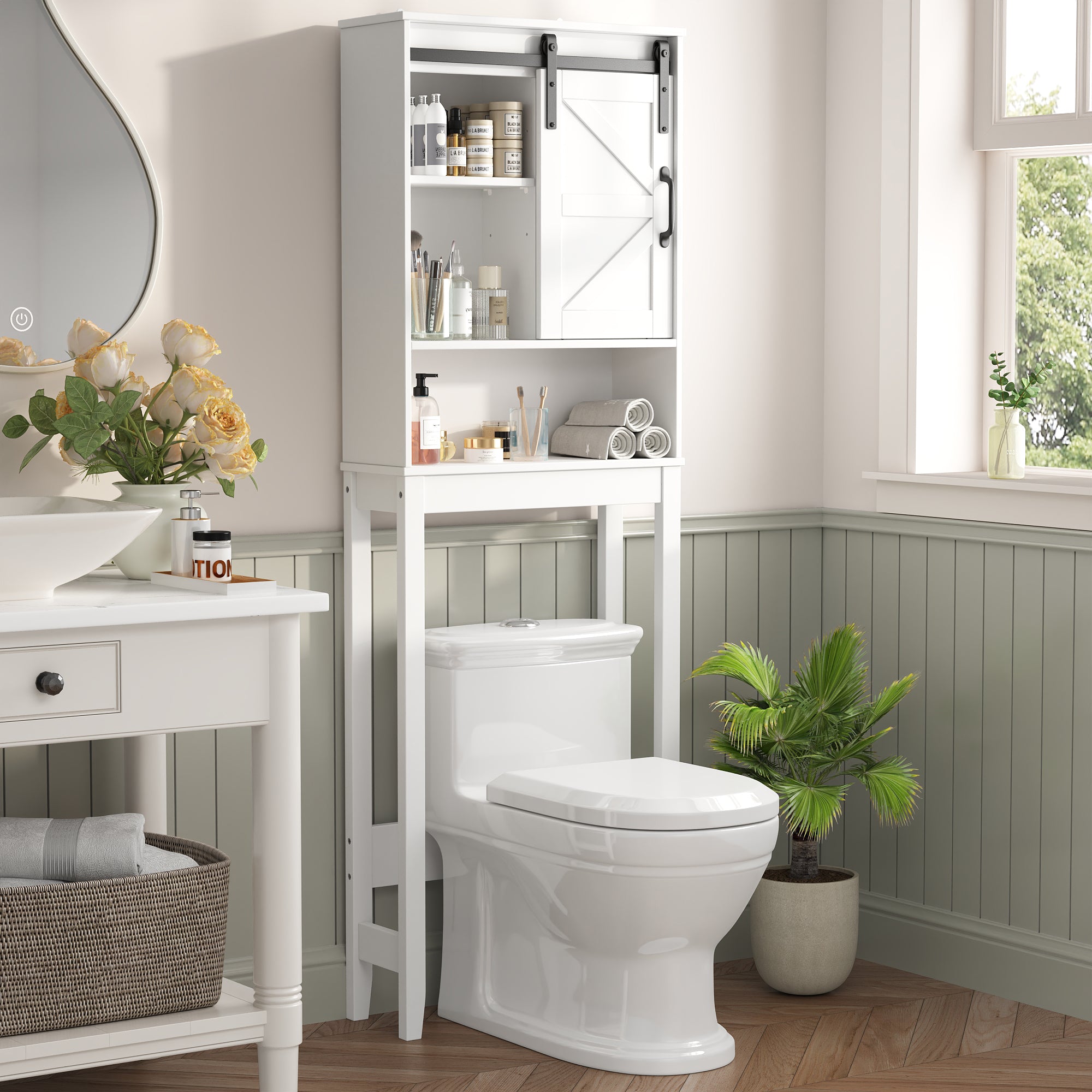 Over The Toilet Storage Cabinet Bathroom Shelves Organizer Space Saver Freestanding Bathroom Shelf with Doors Anti-Tip Device Adjustable Shelf(White)