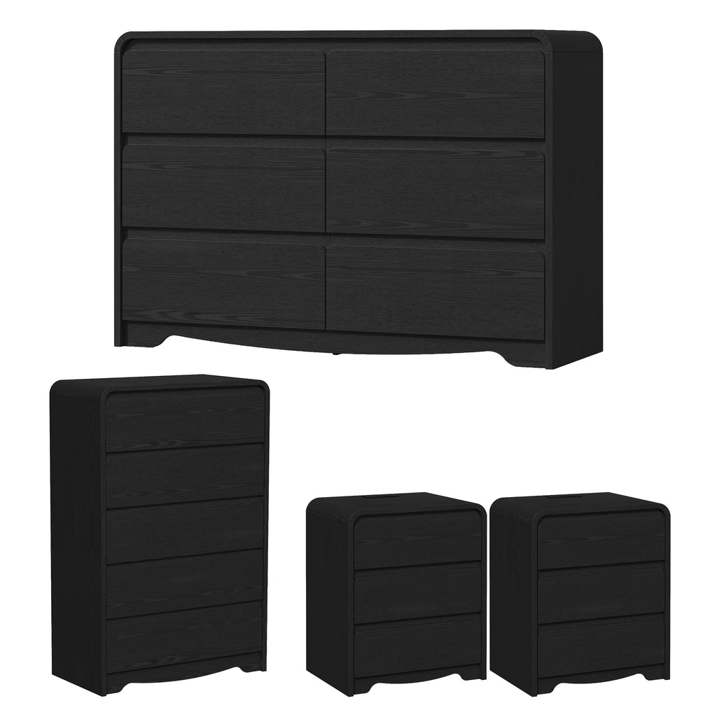 4 Piece Modern Bedroom Furniture Sets with Curved Edge, 5 Drawer Dresser, 6 Drawer Dresser, Nightstand Set of 2 with Charging Station, Black