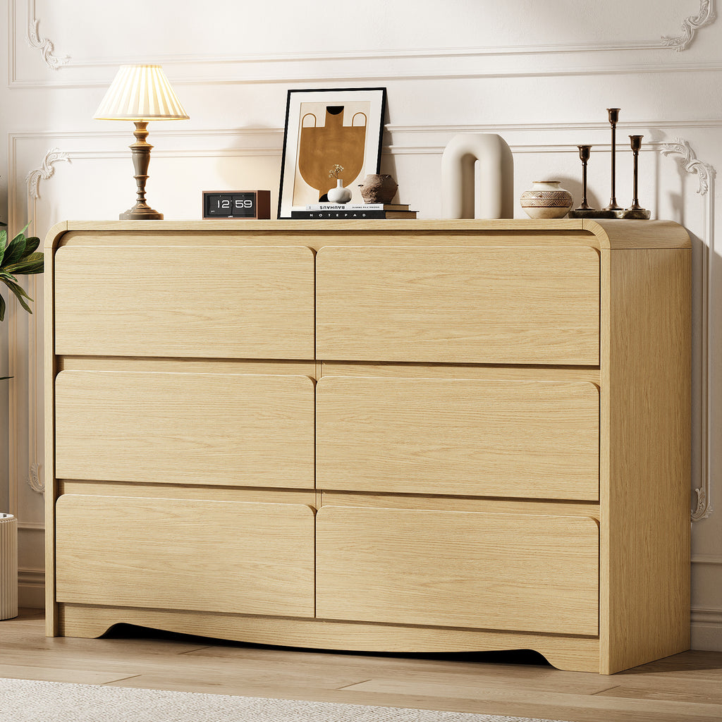 Modern 6 Drawers Dresser for Bedroom, 47.2" Wide Wood Dresser, Curved Dresser, Closet Storage Organize for Bedroom, Living Room, Hallway, Natural Oak