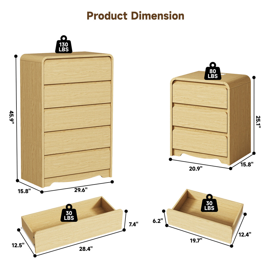 3 Piece Dresser Nightstand Set, 5 Drawer Dresser & 3 Drawer Nightstands set of 2, Modern Bedroom Furniture Set for Living Room, Natural Oak