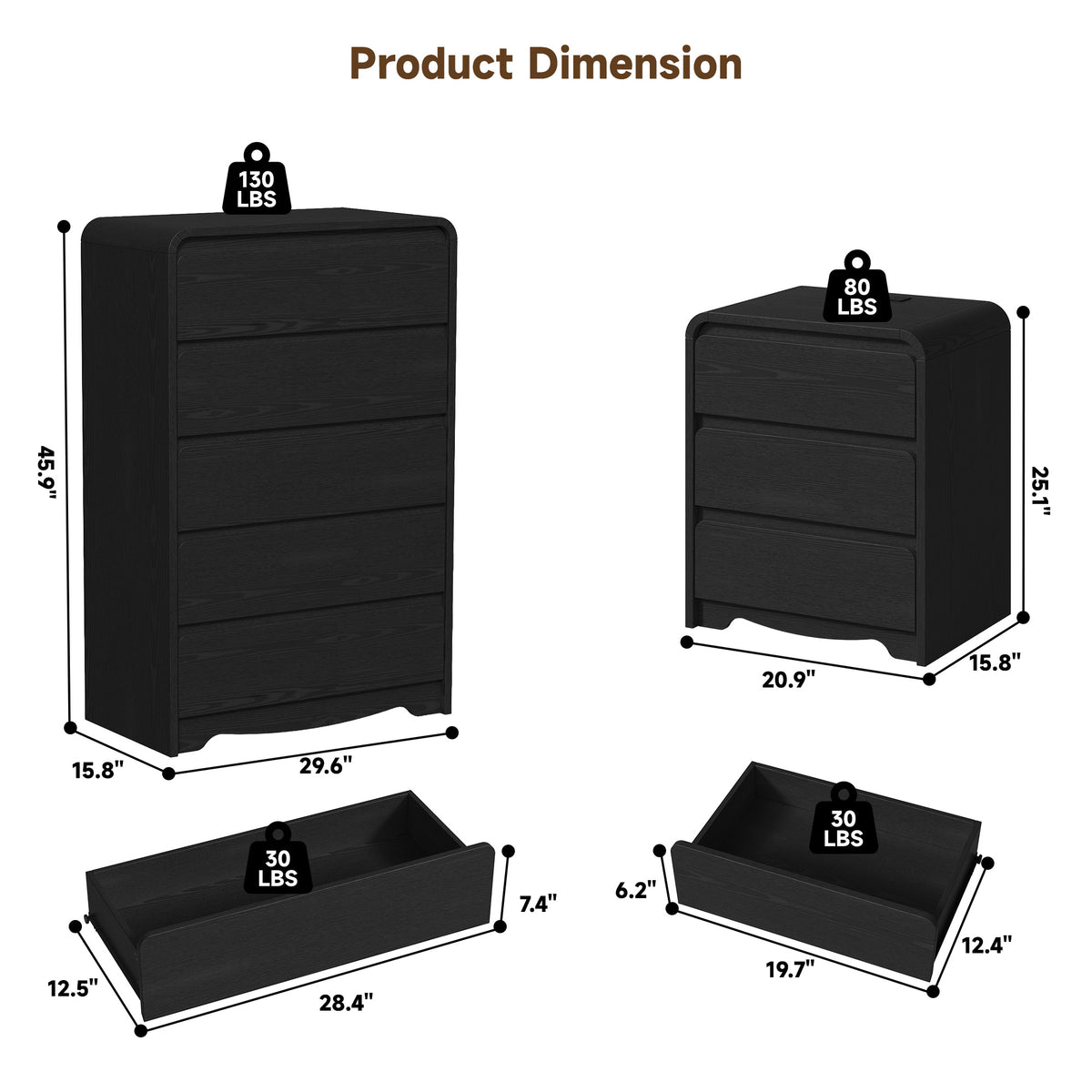 3 Piece Dresser Nightstand Set, 5 Drawer Dresser & 3 Drawer Nightstands set of 2, Modern Bedroom Furniture Set for Living Room, Black