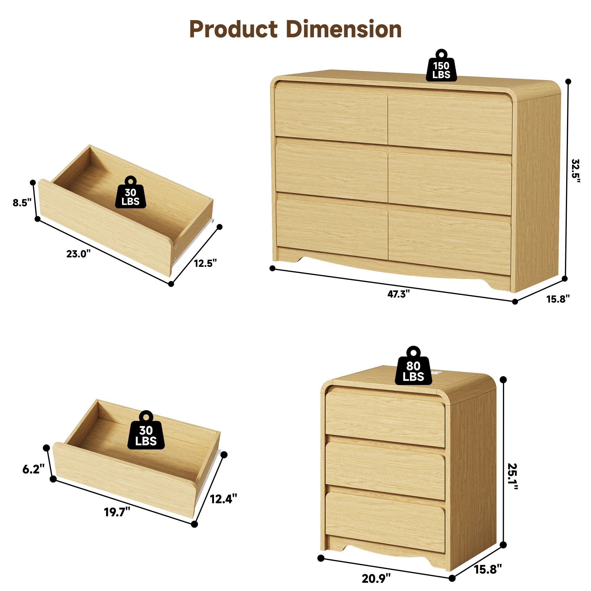 3 Piece Dresser Nightstand Set, 6 Drawer Dresser & 3 Drawer Nightstands set of 2, Modern Bedroom Furniture Set for Living Room, Natural Oak