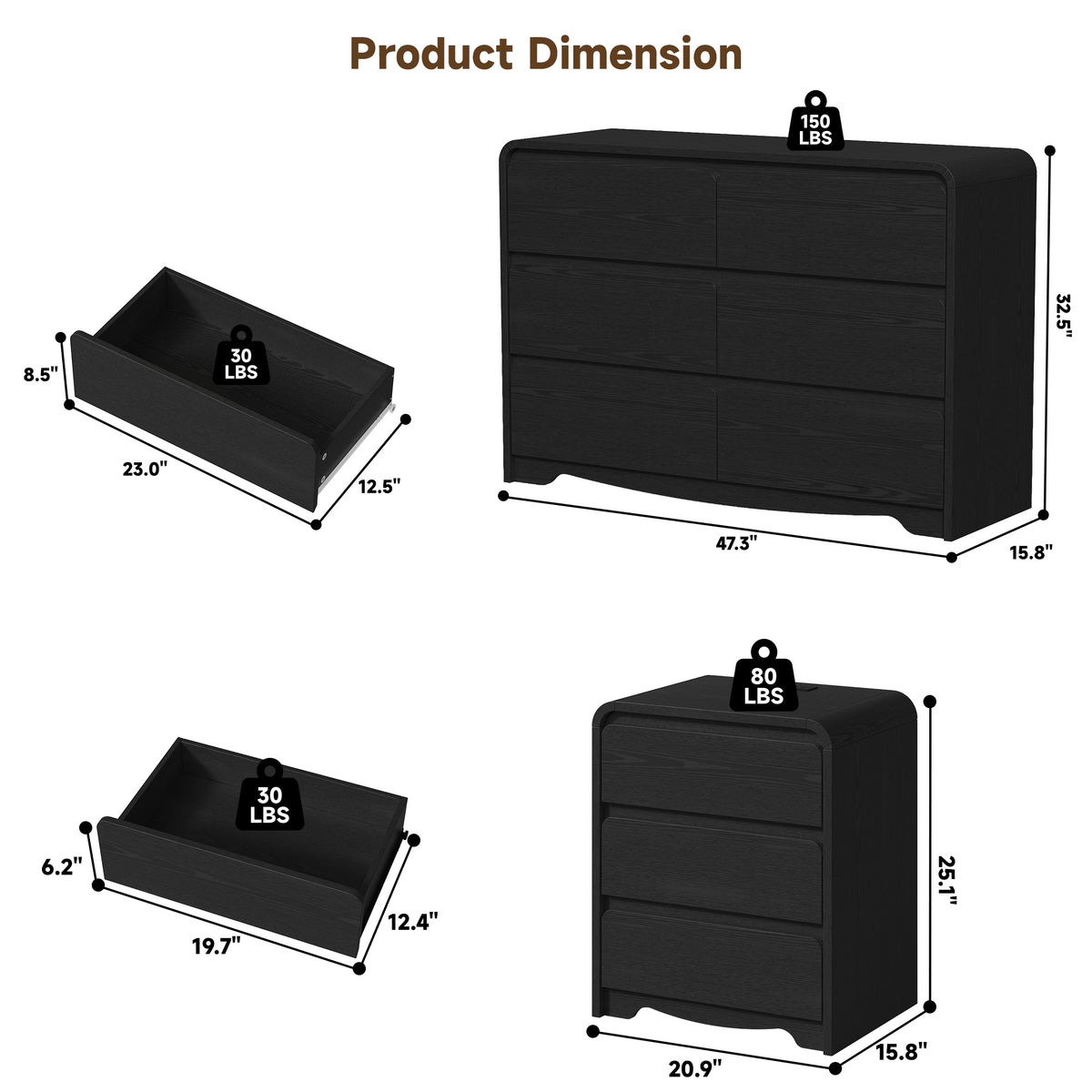 3 Piece Dresser Nightstand Set, 6 Drawer Dresser & 3 Drawer Nightstands set of 2, Modern Bedroom Furniture Set for Living Room, Black