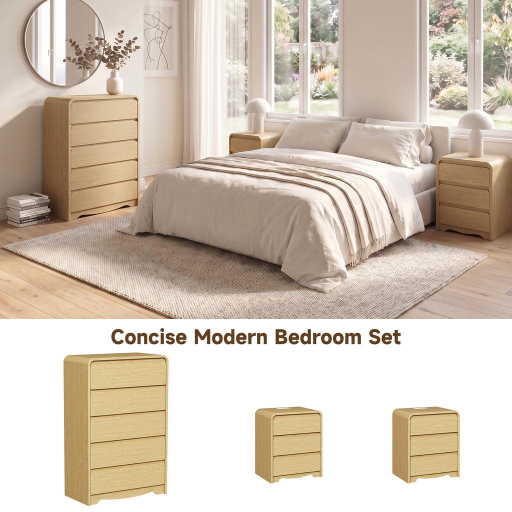 3 Piece Dresser Nightstand Set, 5 Drawer Dresser & 3 Drawer Nightstands set of 2, Modern Bedroom Furniture Set for Living Room, Natural Oak