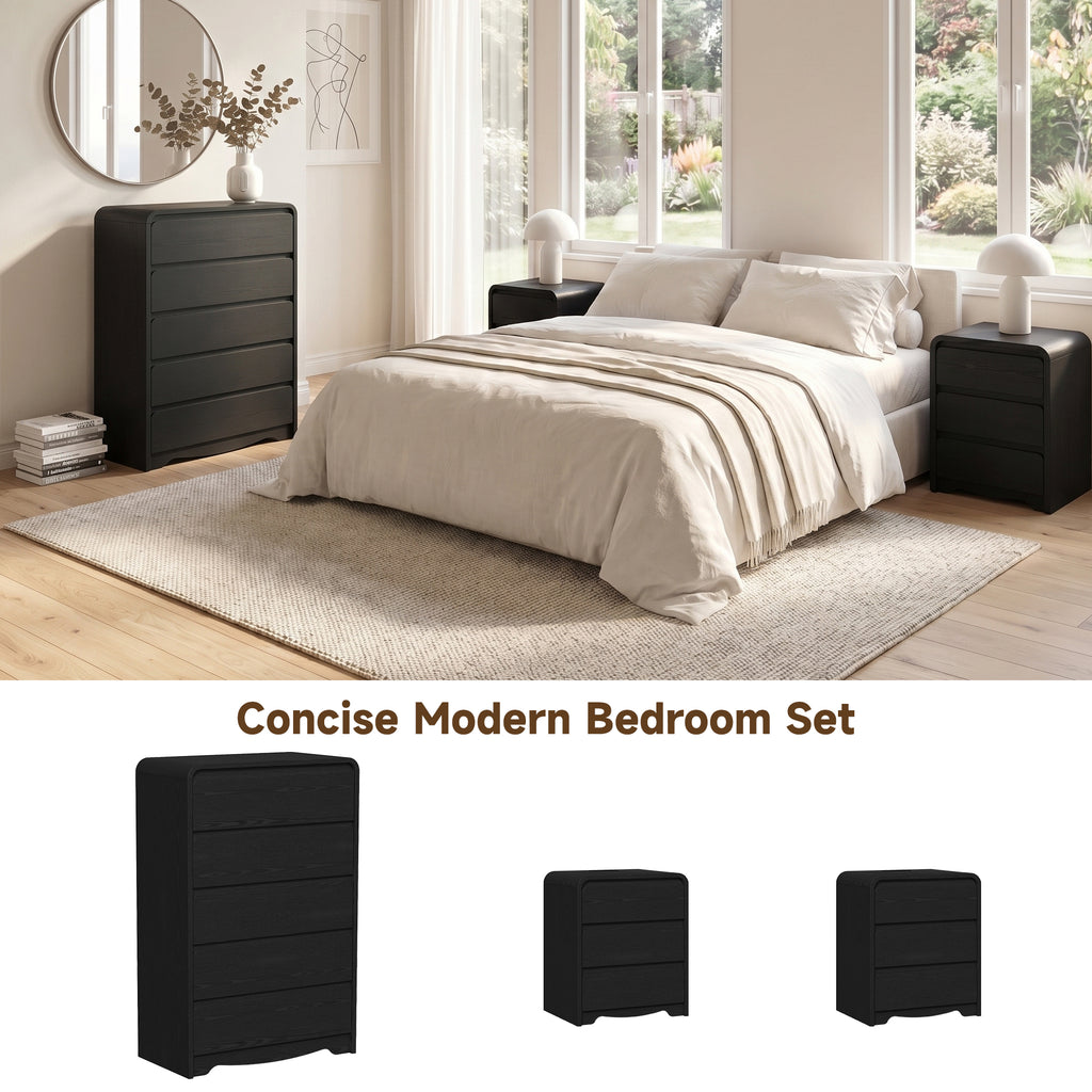 3 Piece Dresser Nightstand Set, 5 Drawer Dresser & 3 Drawer Nightstands set of 2, Modern Bedroom Furniture Set for Living Room, Black