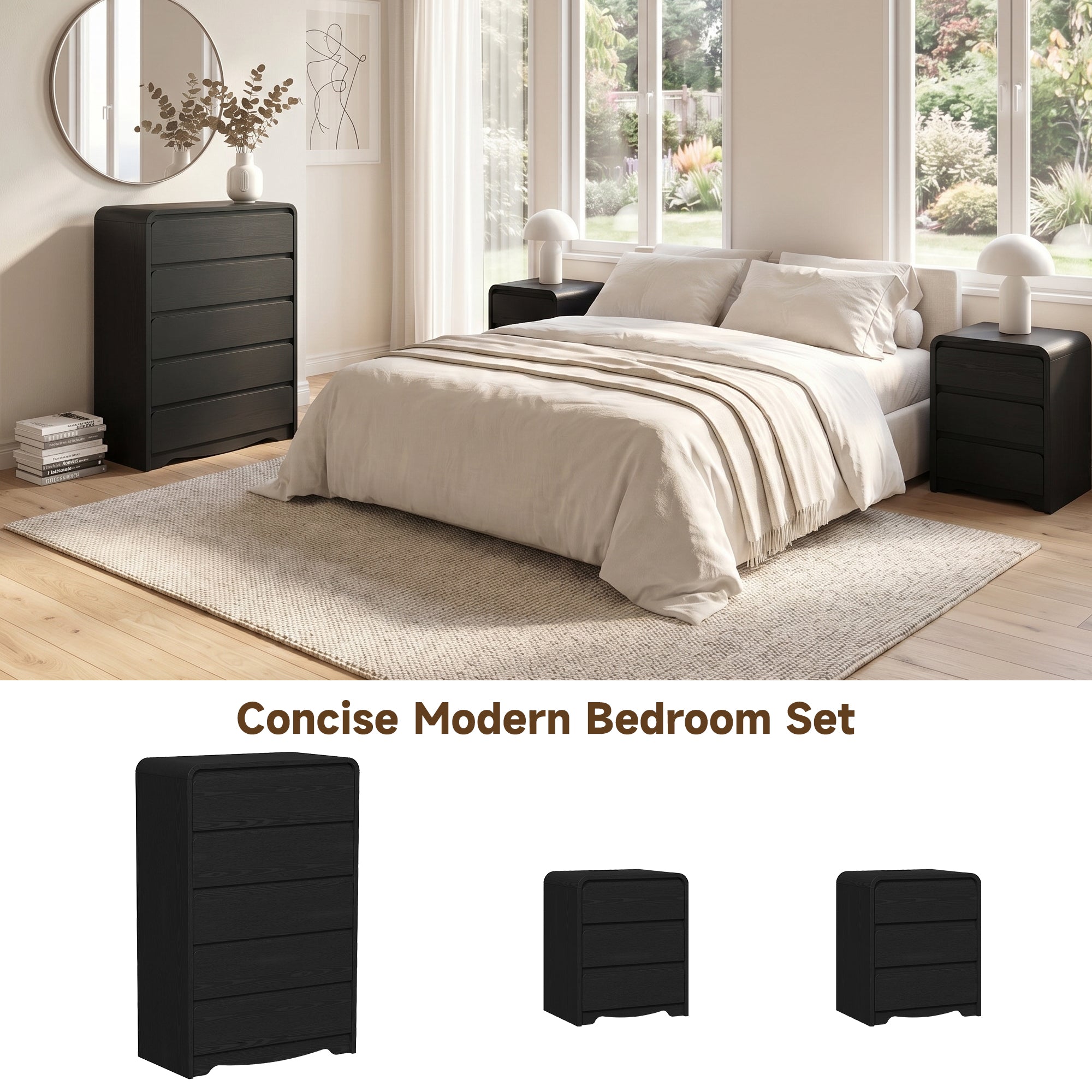3 Piece Dresser Nightstand Set, 5 Drawer Dresser & 3 Drawer Nightstands set of 2, Modern Bedroom Furniture Set for Living Room, Black