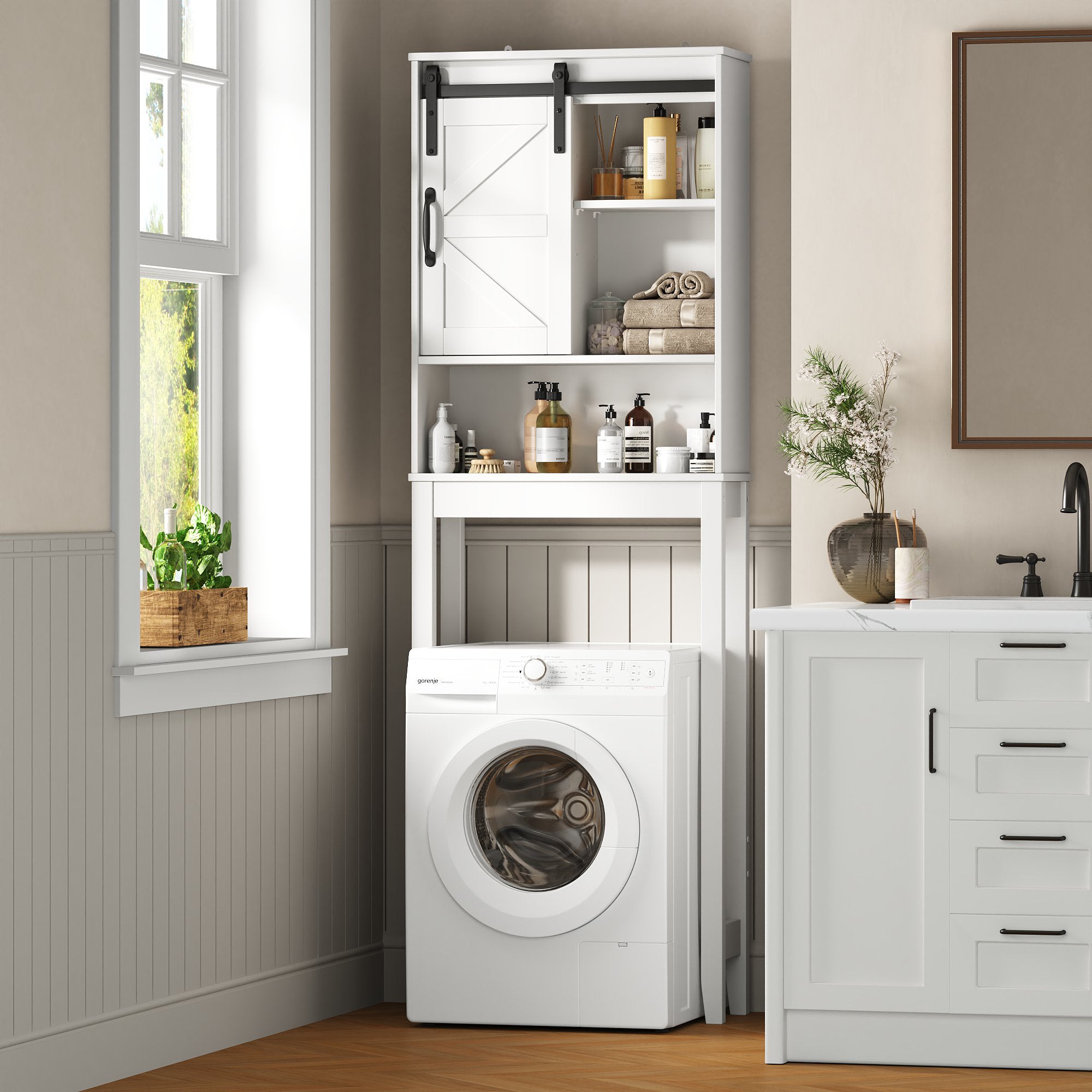Over The Toilet Storage Cabinet Bathroom Shelves Organizer Space Saver Freestanding Bathroom Shelf with Doors Anti-Tip Device Adjustable Shelf(White)