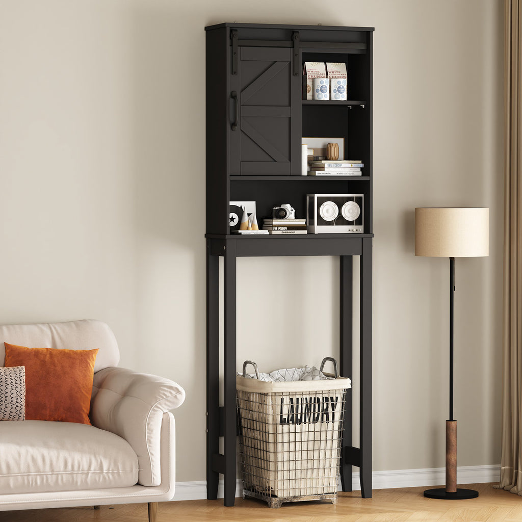 Over The Toilet Storage Cabinet Bathroom Shelves Organizer Space Saver Freestanding Bathroom Shelf with Doors Anti-Tip Device Adjustable Shelf(Black)